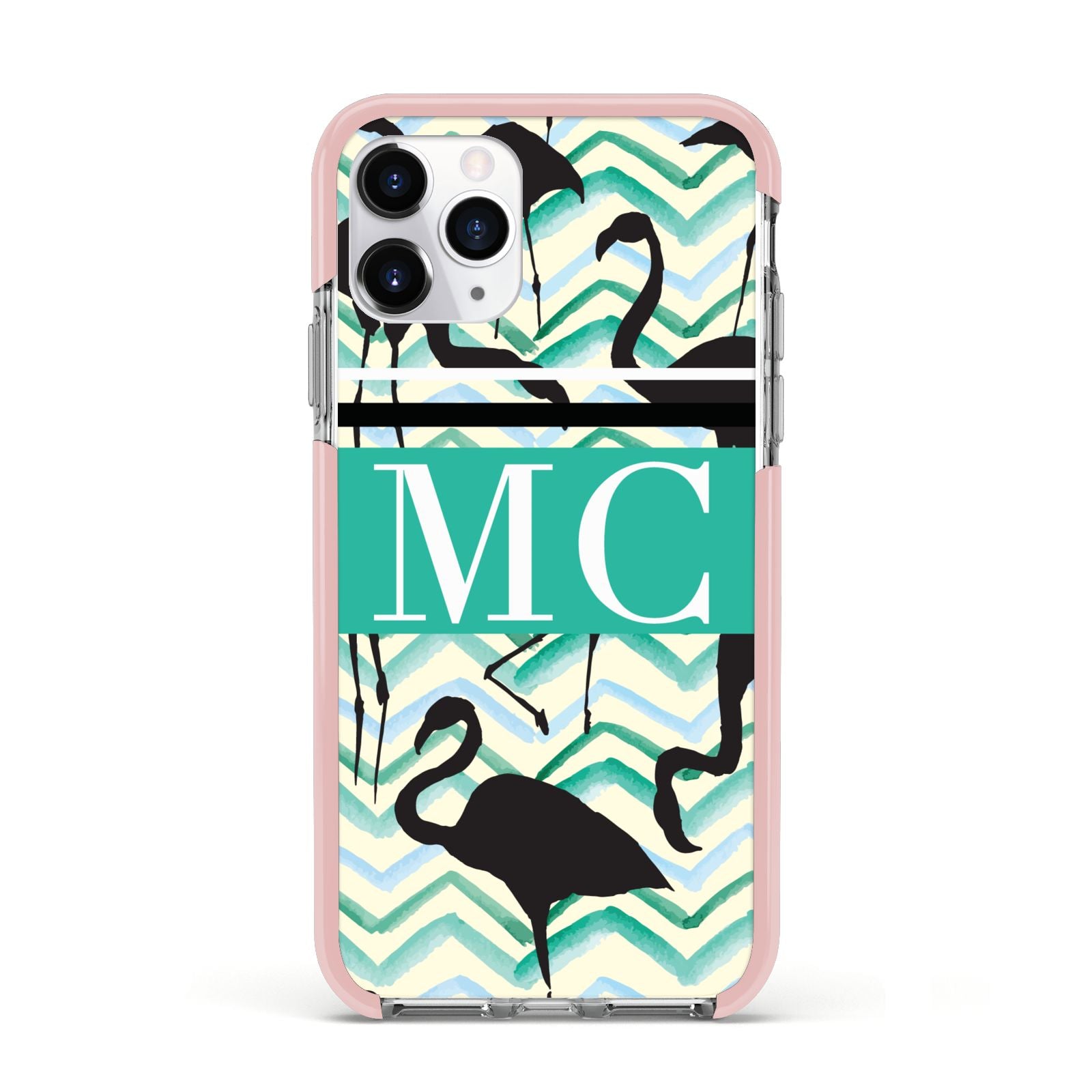 Personalised Initials Flamingos 2 Apple iPhone 11 Pro in Silver with Pink Impact Case