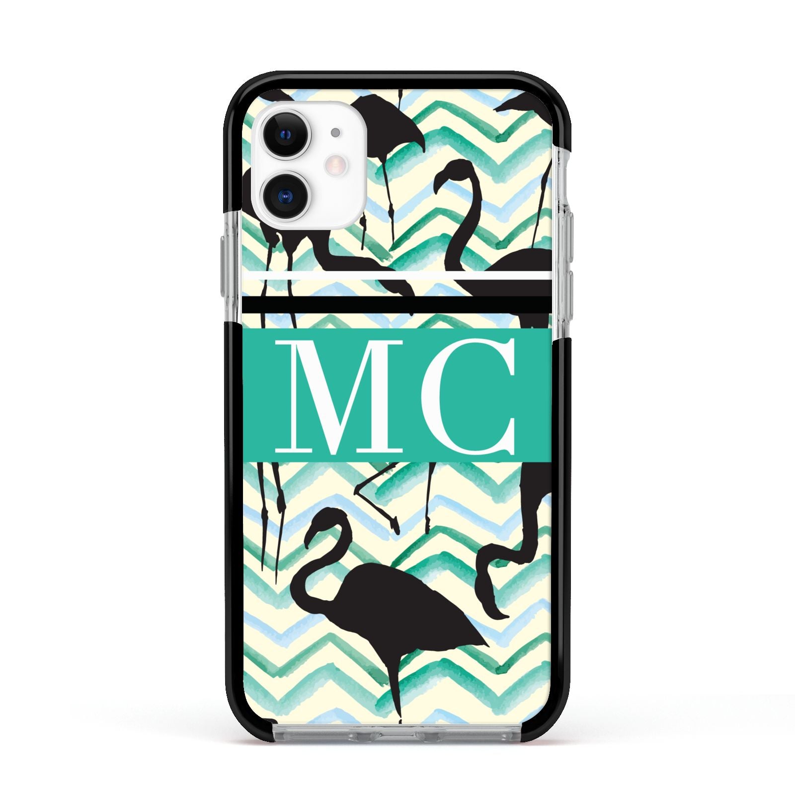 Personalised Initials Flamingos 2 Apple iPhone 11 in White with Black Impact Case