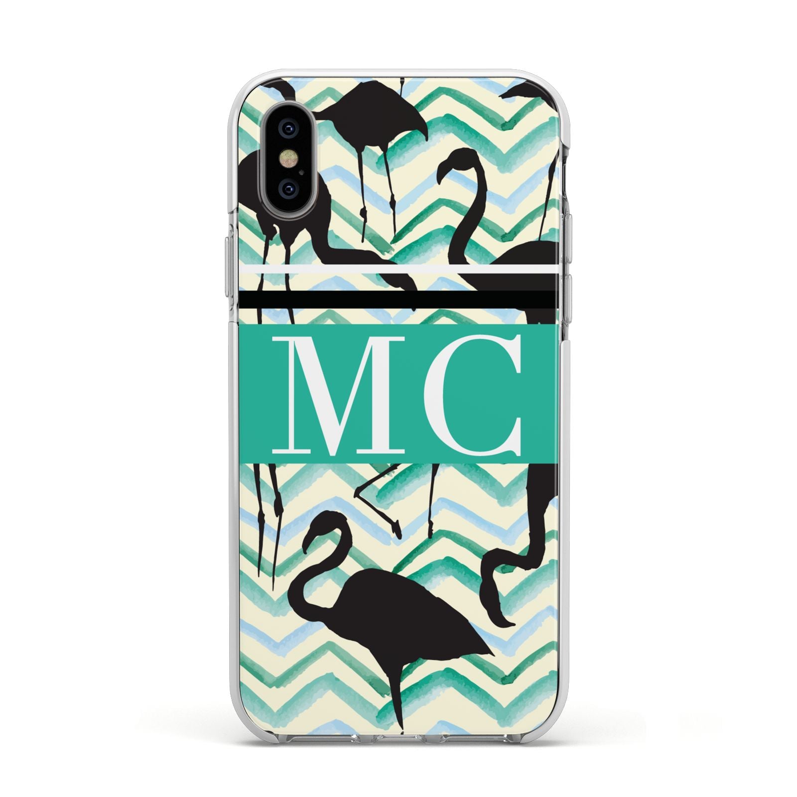 Personalised Initials Flamingos 2 Apple iPhone Xs Impact Case White Edge on Silver Phone