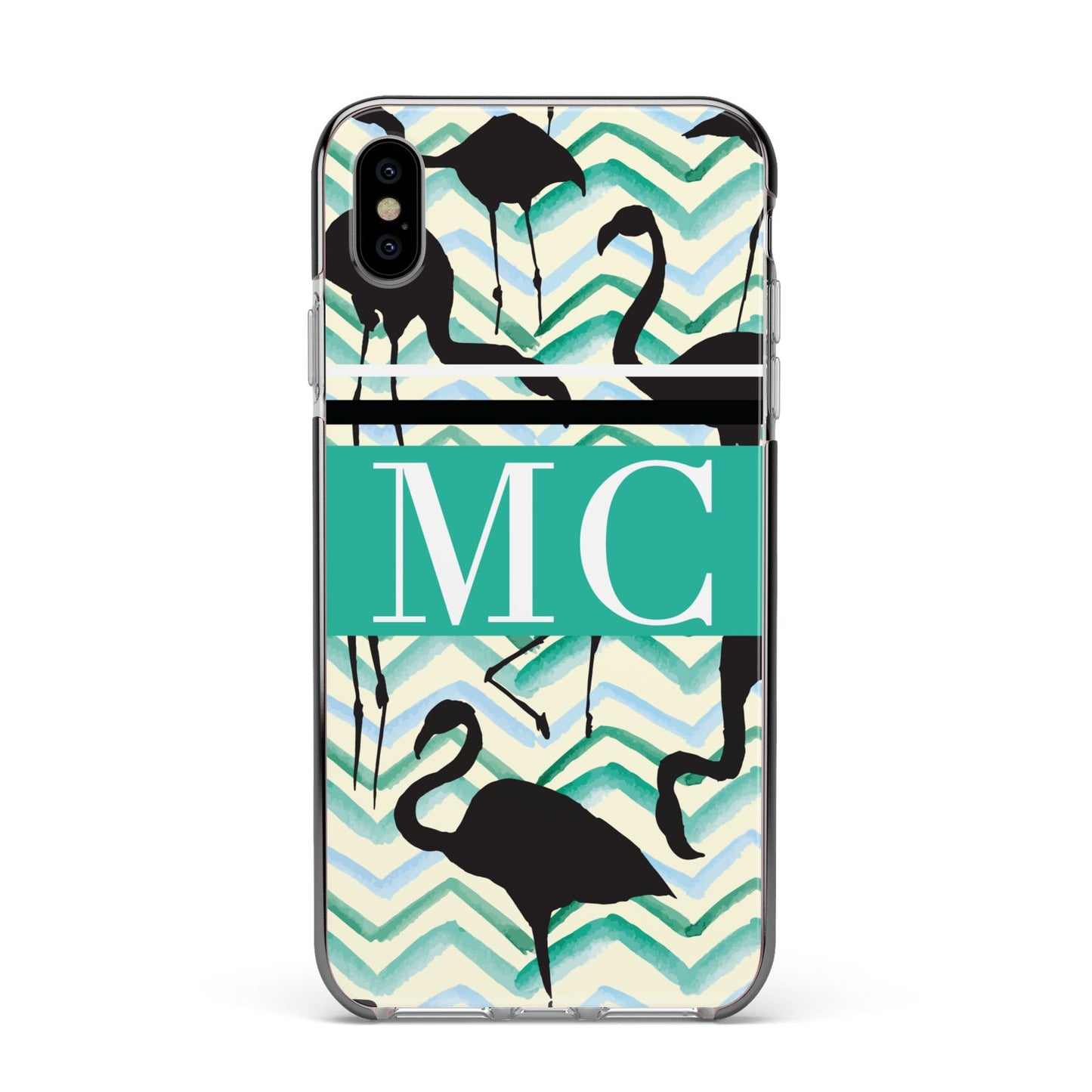 Personalised Initials Flamingos 2 Apple iPhone Xs Max Impact Case Black Edge on Silver Phone