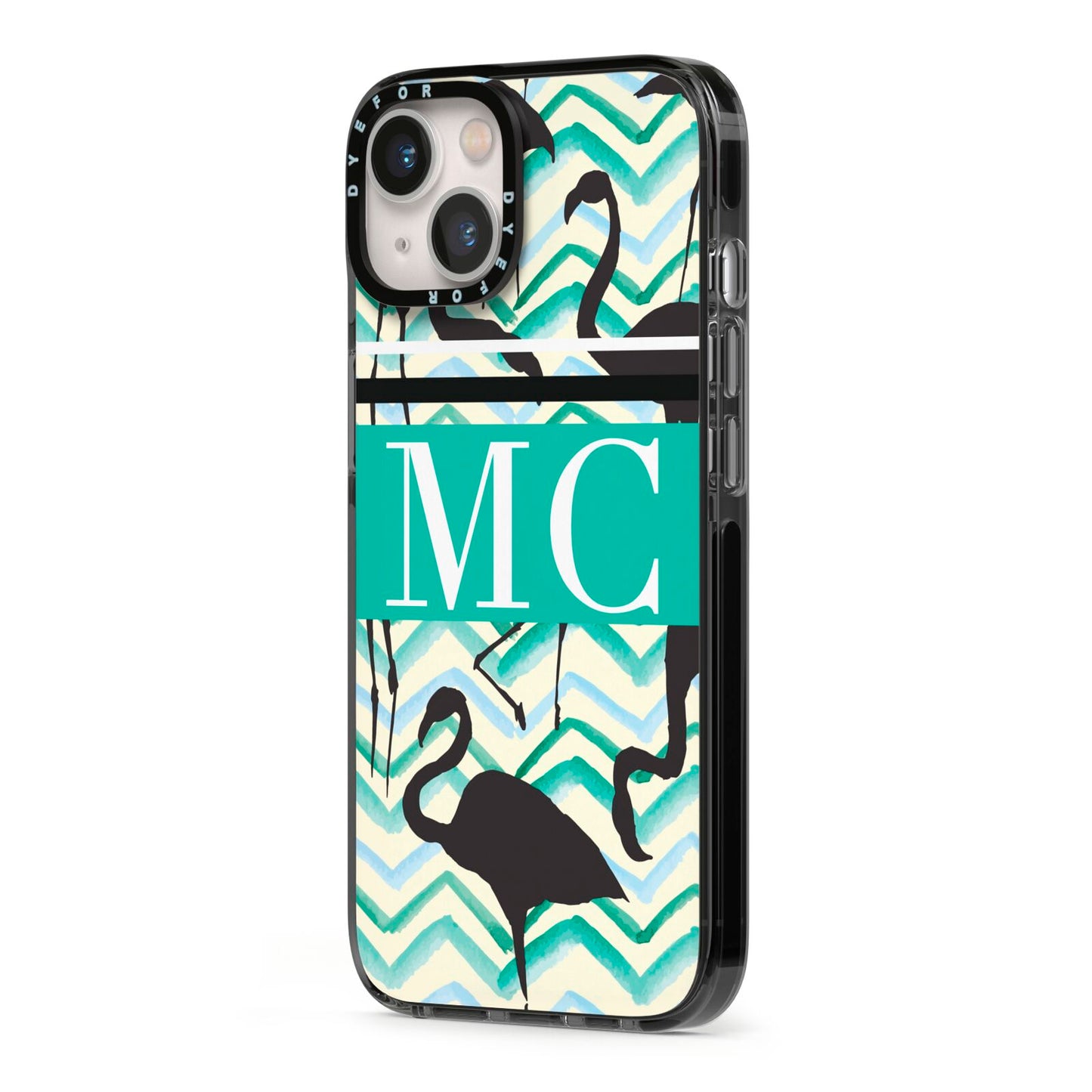 Personalised Initials Flamingos 2 iPhone 13 Black Impact Case Side Angle on Silver phone