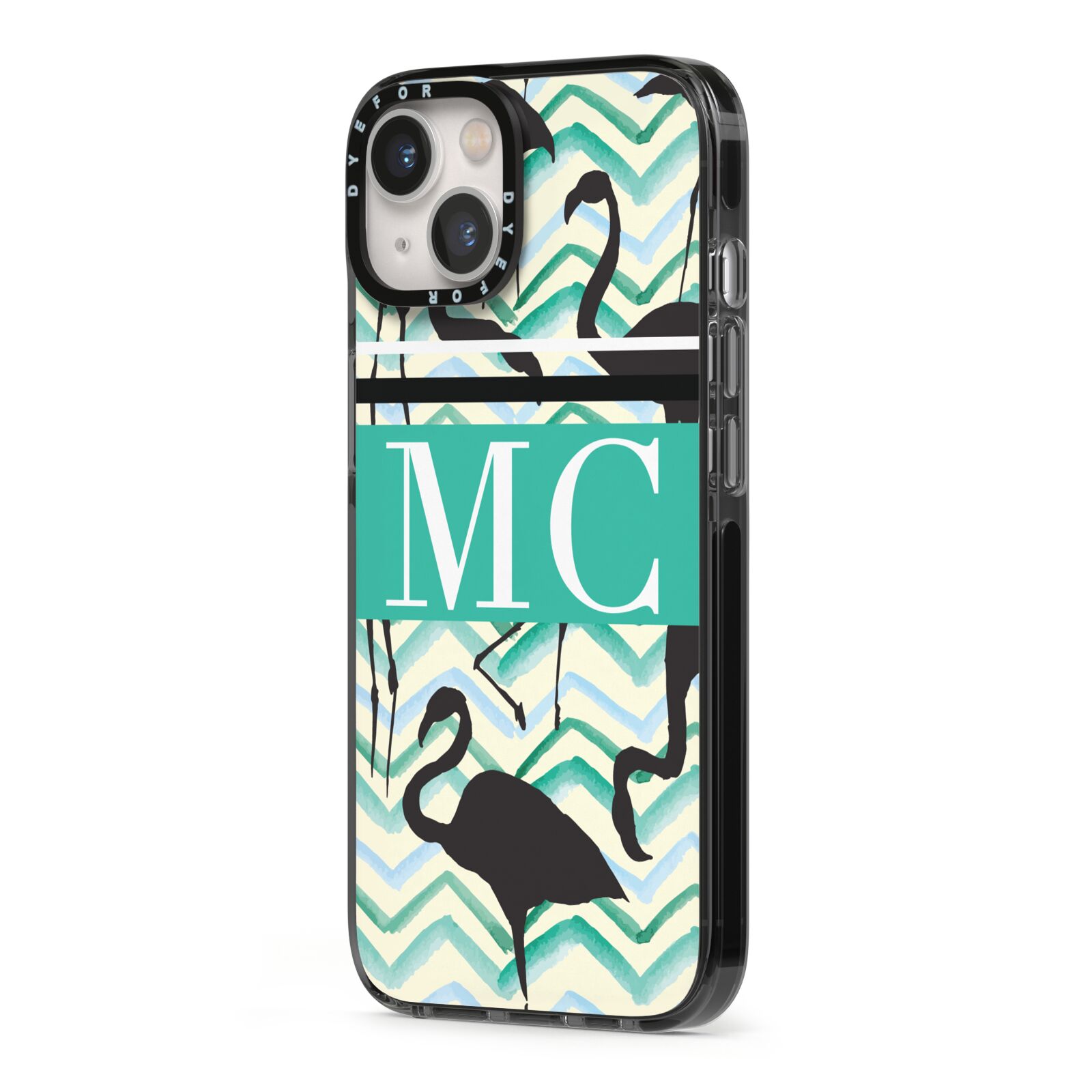Personalised Initials Flamingos 2 iPhone 13 Black Impact Case Side Angle on Silver phone
