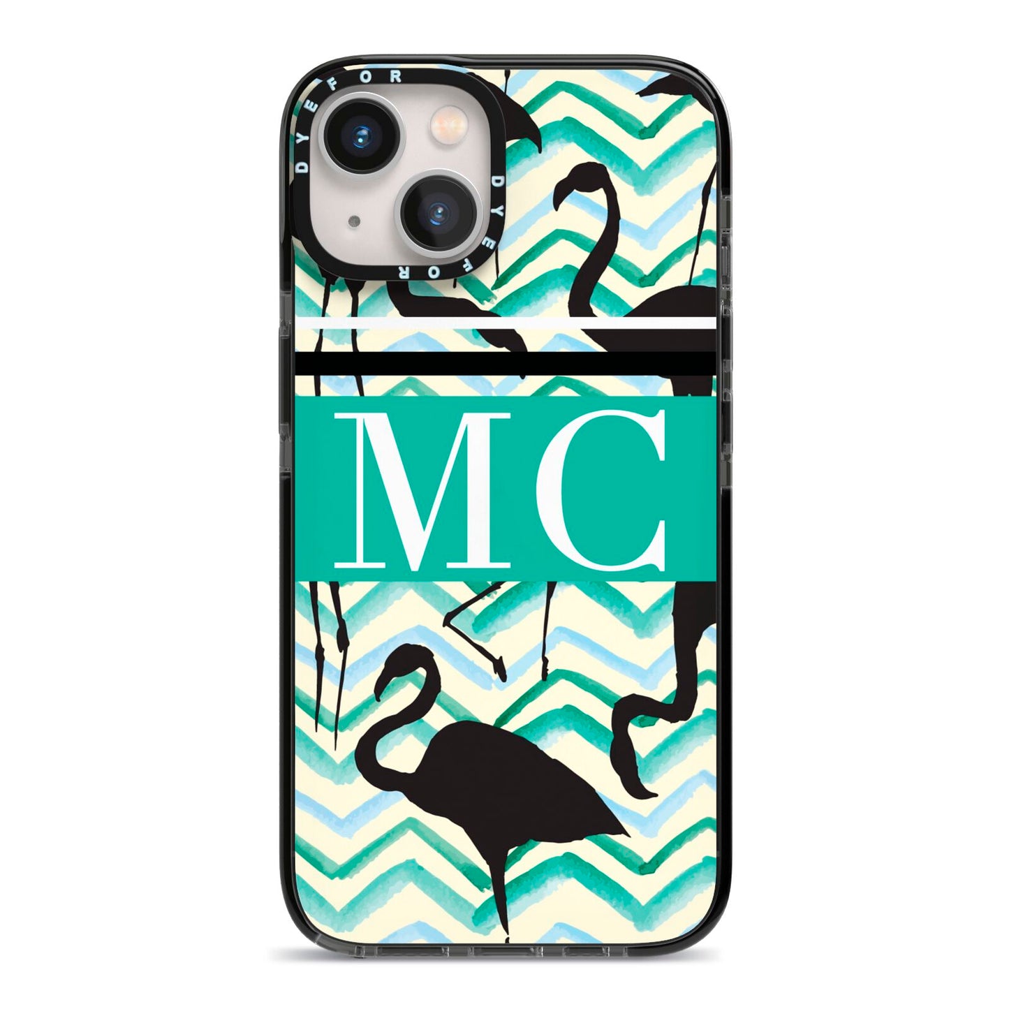 Personalised Initials Flamingos 2 iPhone 13 Black Impact Case on Silver phone