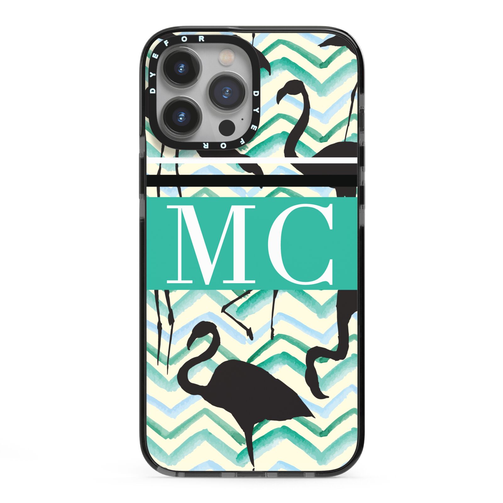 Personalised Initials Flamingos 2 iPhone 13 Pro Max Black Impact Case on Silver phone