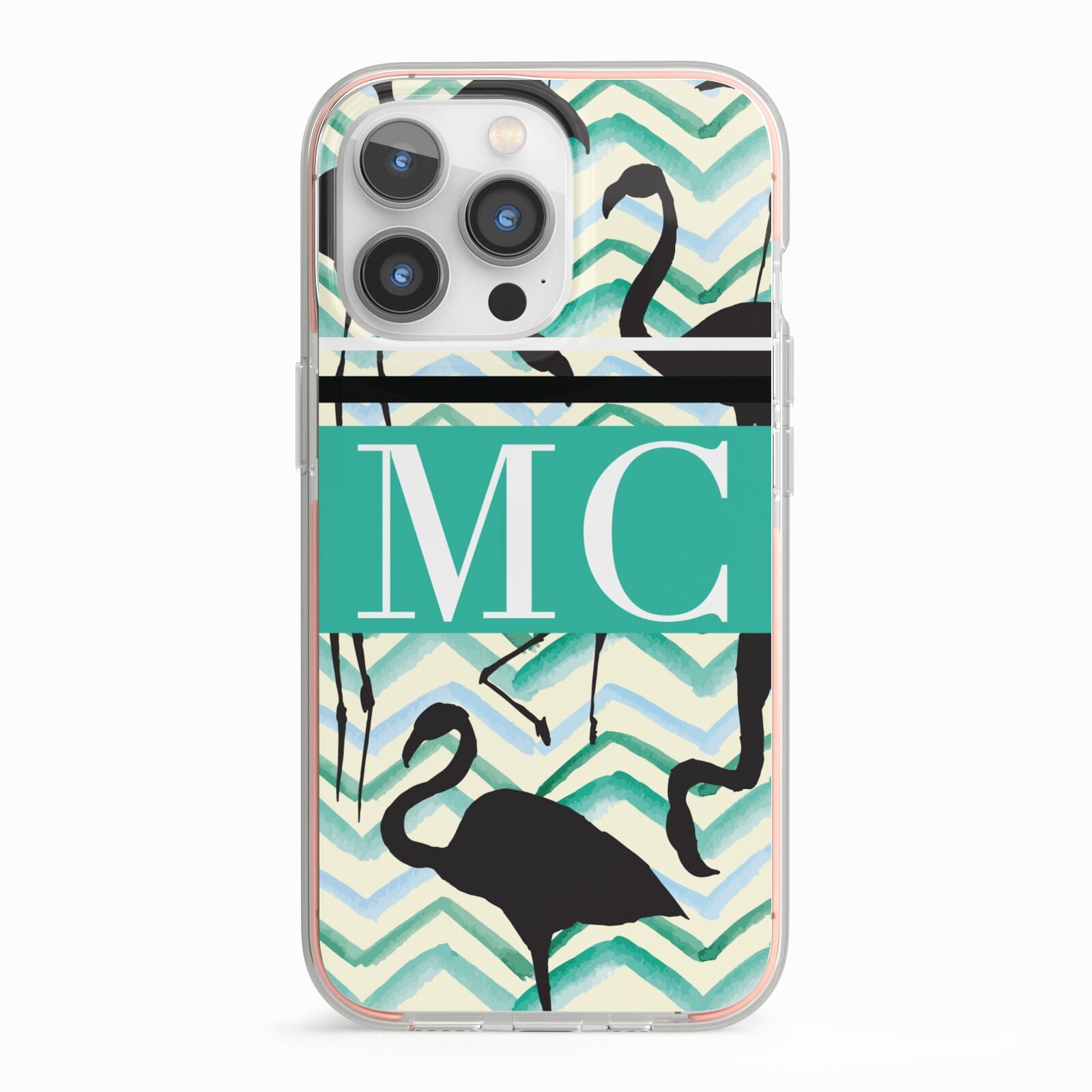 Personalised Initials Flamingos 2 iPhone 13 Pro TPU Impact Case with Pink Edges