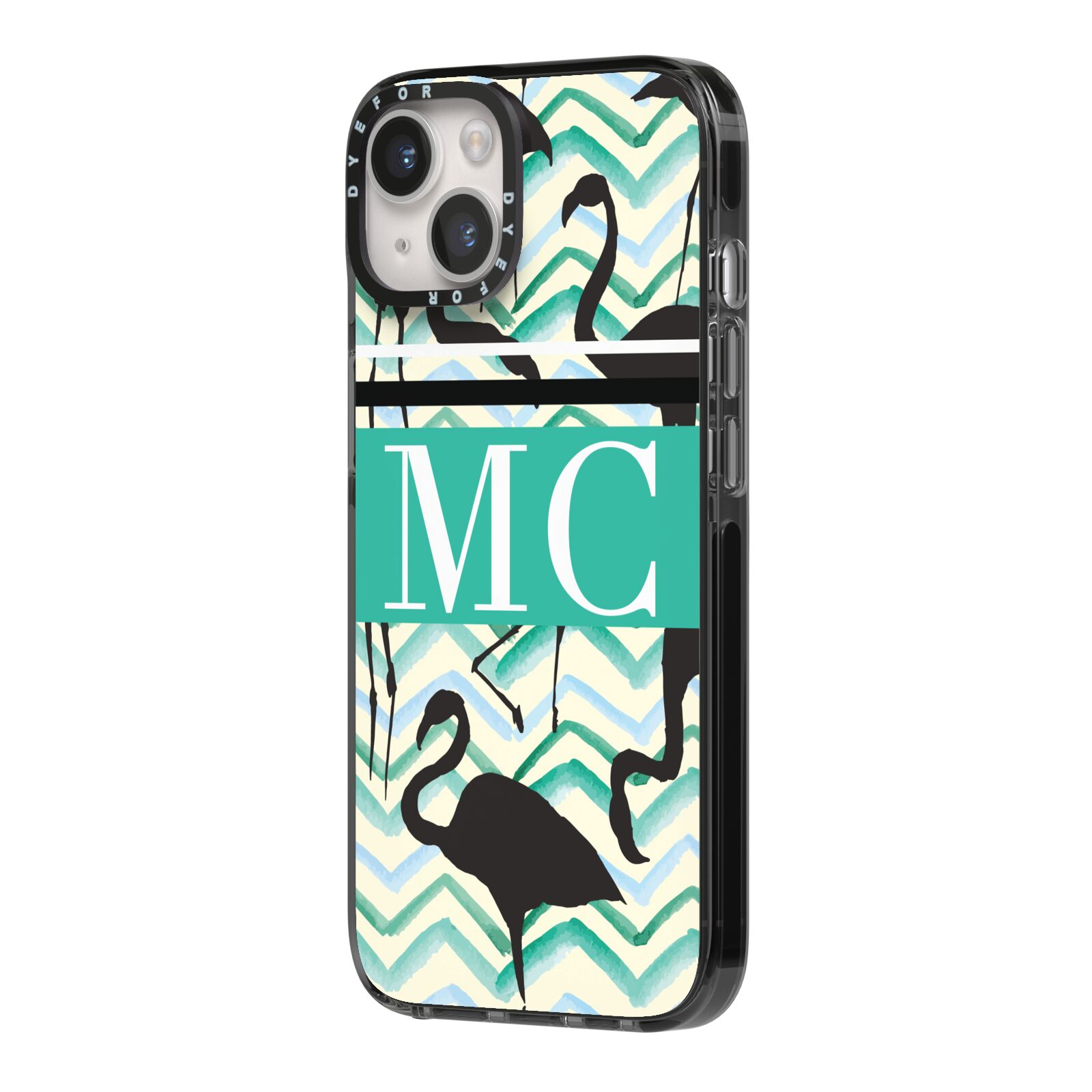 Personalised Initials Flamingos 2 iPhone 14 Black Impact Case Side Angle on Silver phone