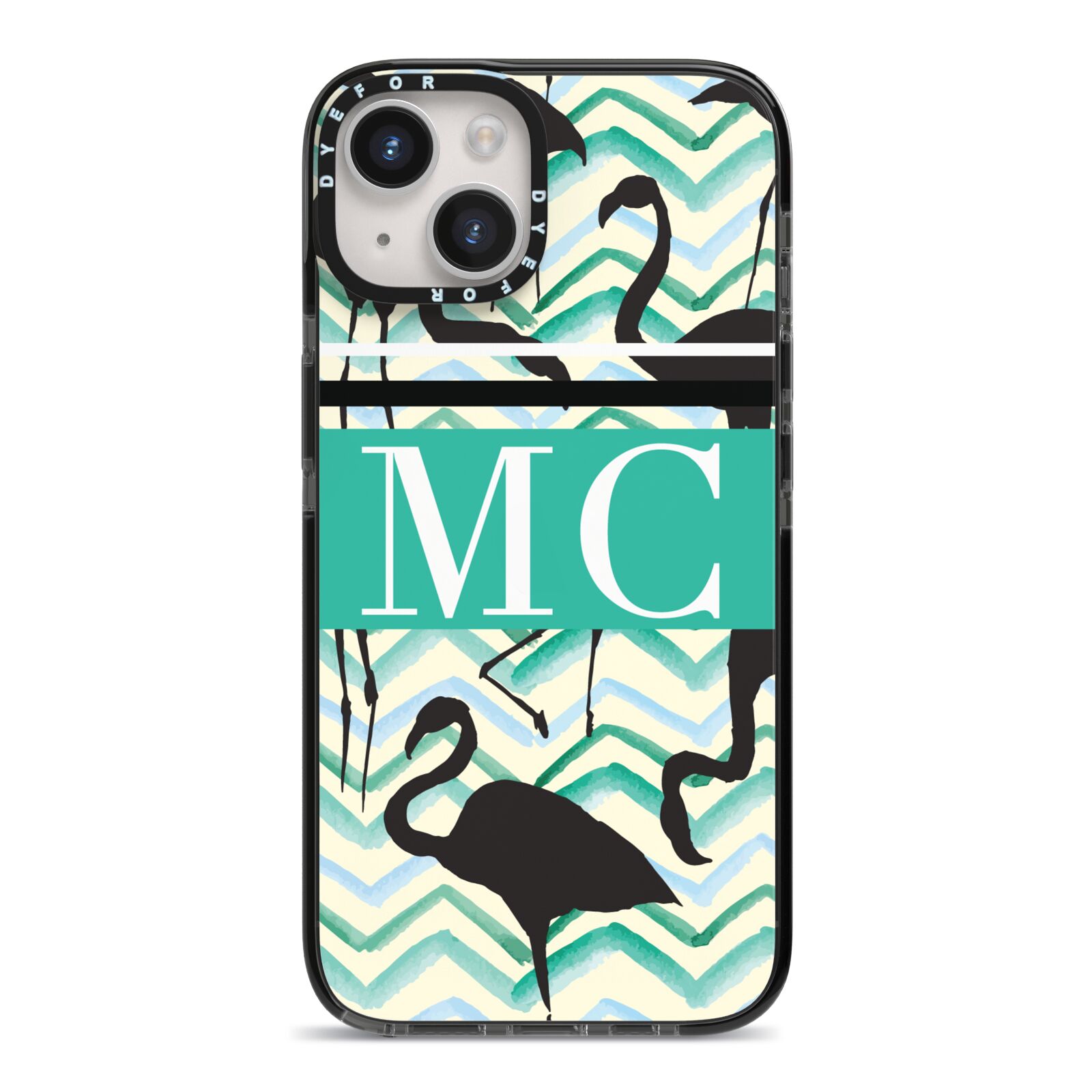 Personalised Initials Flamingos 2 iPhone 14 Black Impact Case on Silver phone