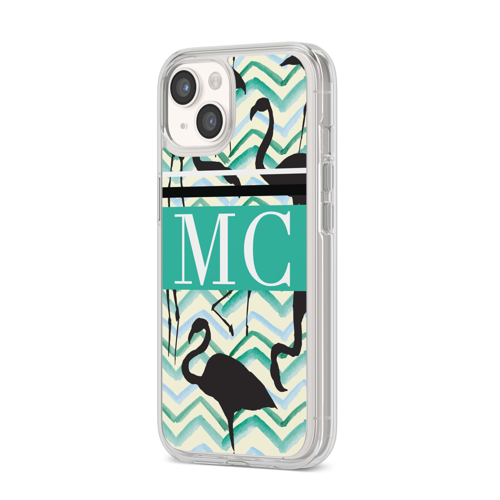 Personalised Initials Flamingos 2 iPhone 14 Clear Tough Case Starlight Angled Image