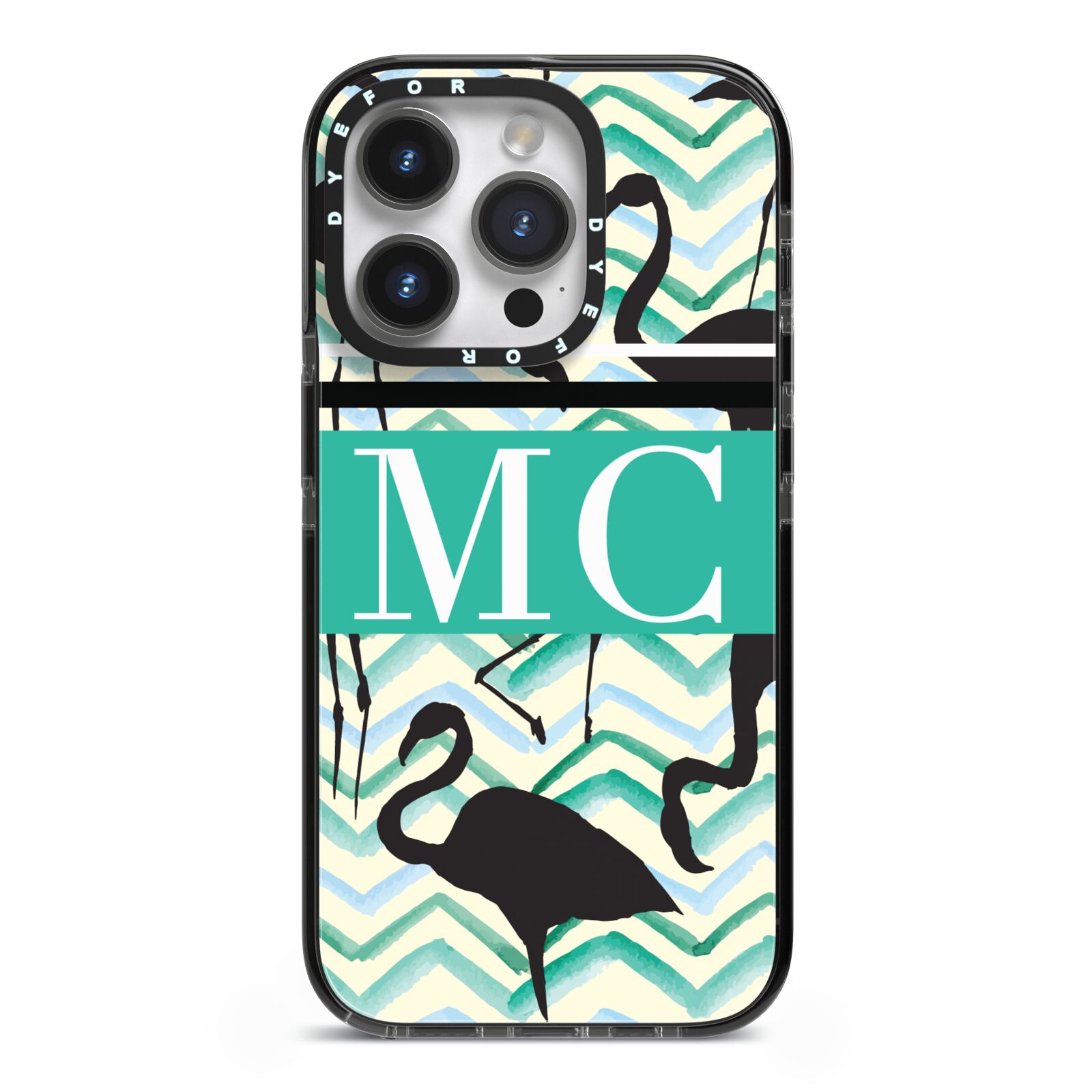 Personalised Initials Flamingos 2 iPhone 14 Pro Black Impact Case on Silver phone