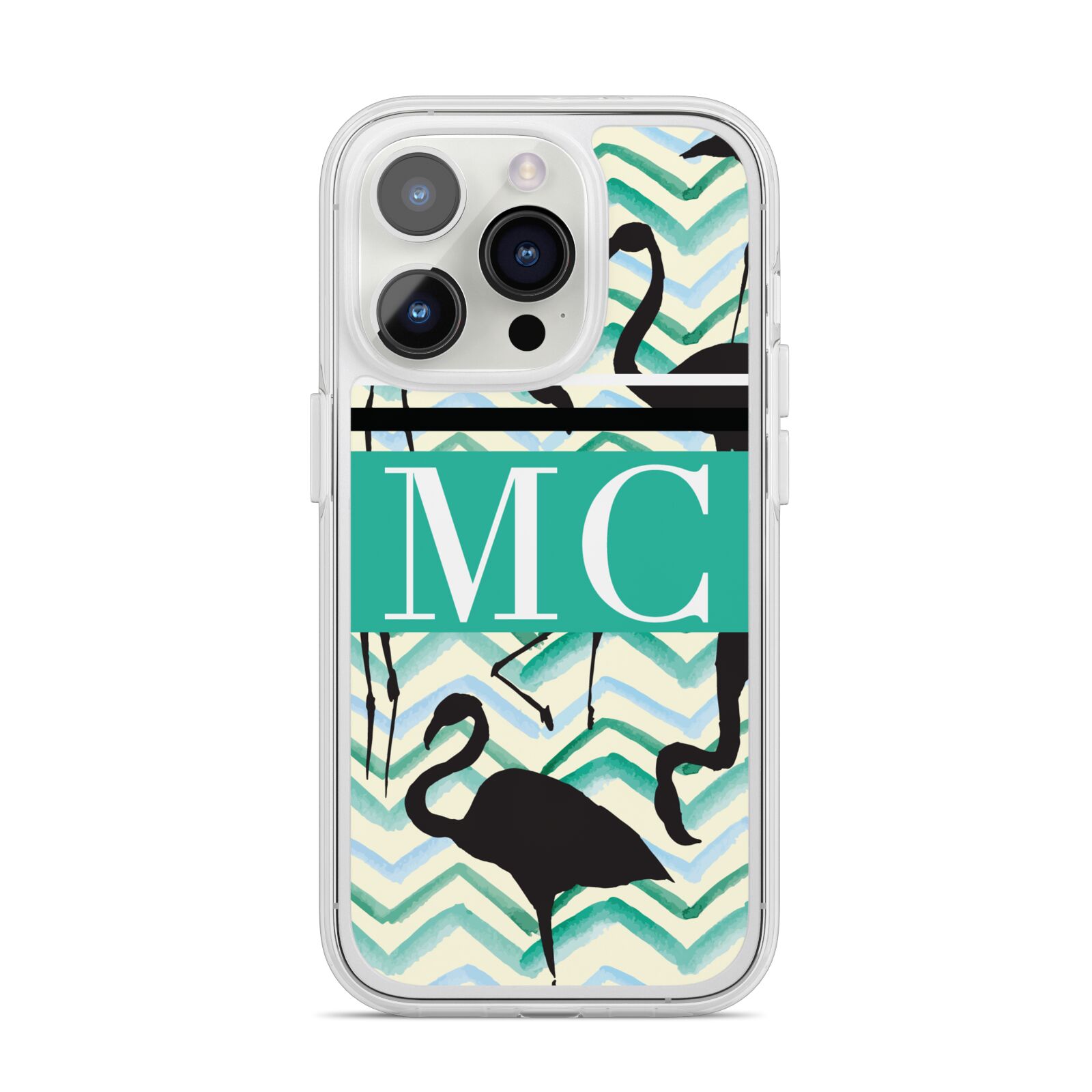 Personalised Initials Flamingos 2 iPhone 14 Pro Clear Tough Case Silver