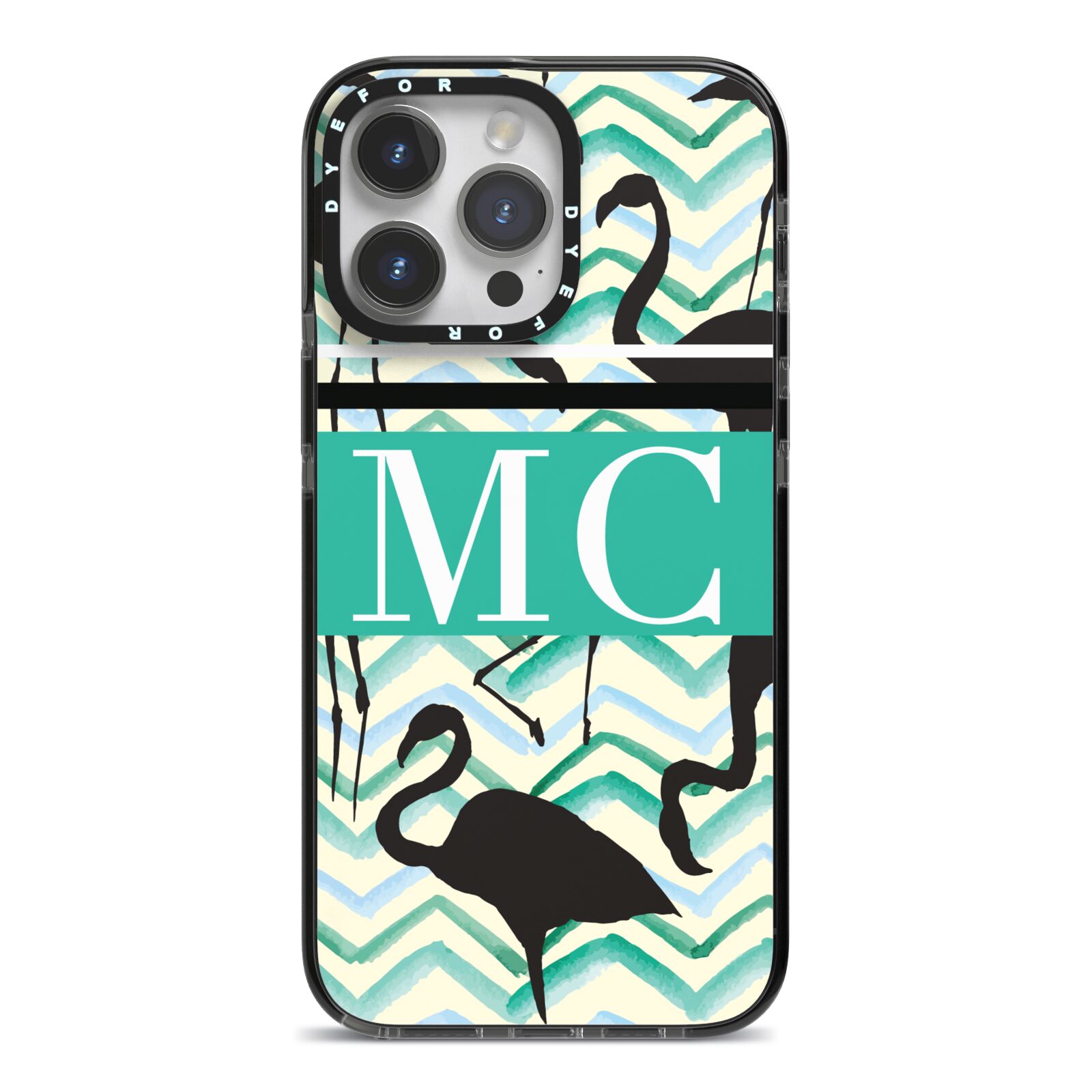 Personalised Initials Flamingos 2 iPhone 14 Pro Max Black Impact Case on Silver phone