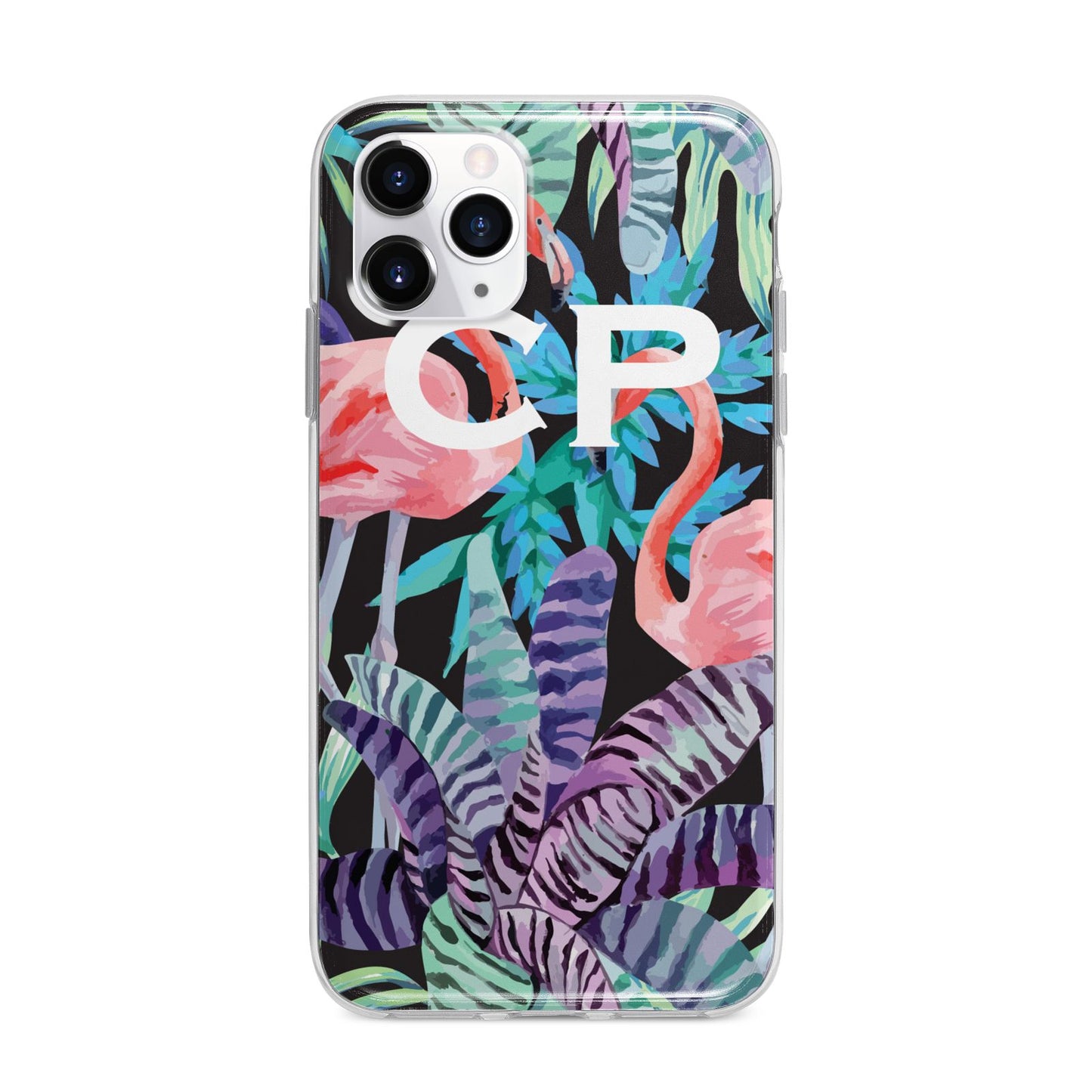 Personalised Initials Flamingos 4 Apple iPhone 11 Pro Max in Silver with Bumper Case