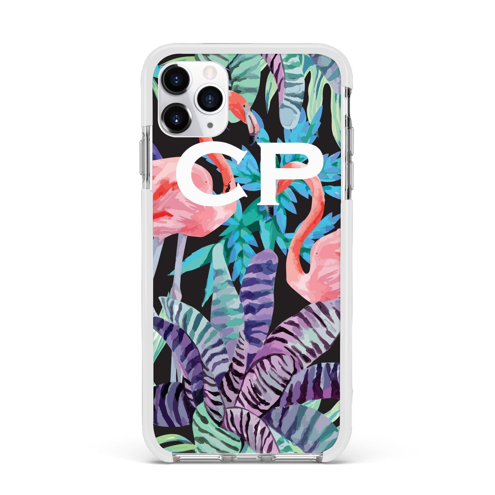 Personalised Initials Flamingos 4 Apple iPhone 11 Pro Max in Silver with White Impact Case