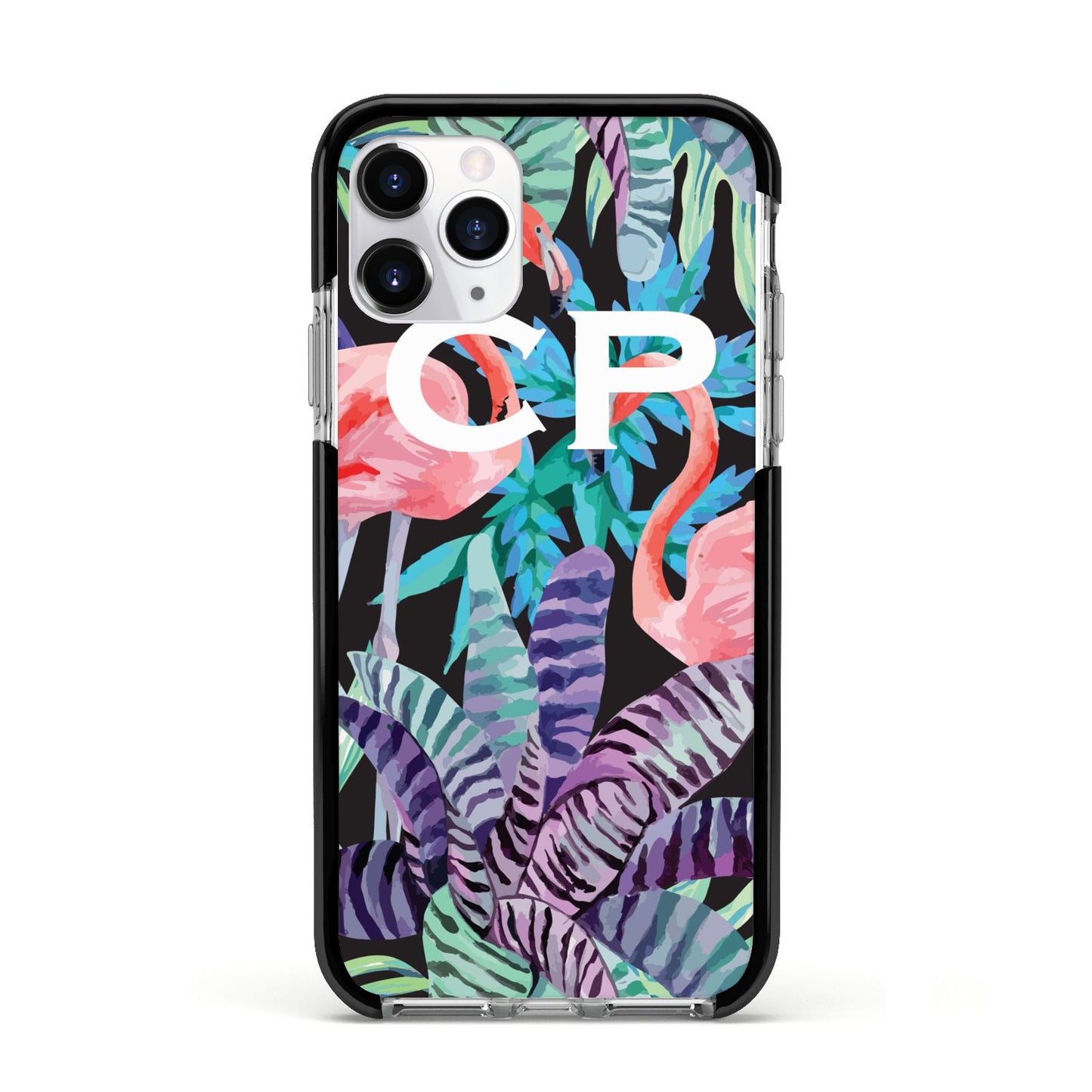 Personalised Initials Flamingos 4 Apple iPhone 11 Pro in Silver with Black Impact Case