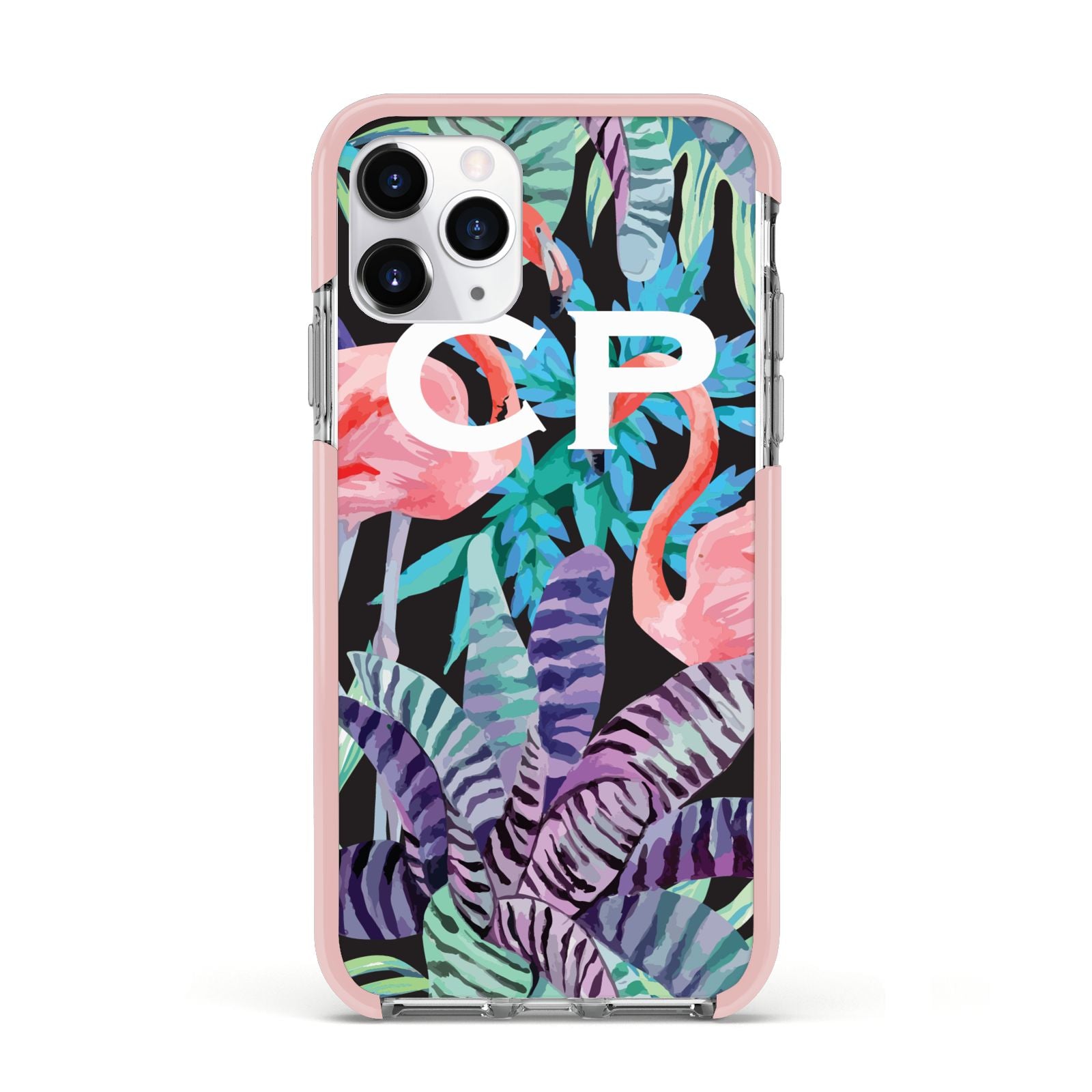 Personalised Initials Flamingos 4 Apple iPhone 11 Pro in Silver with Pink Impact Case