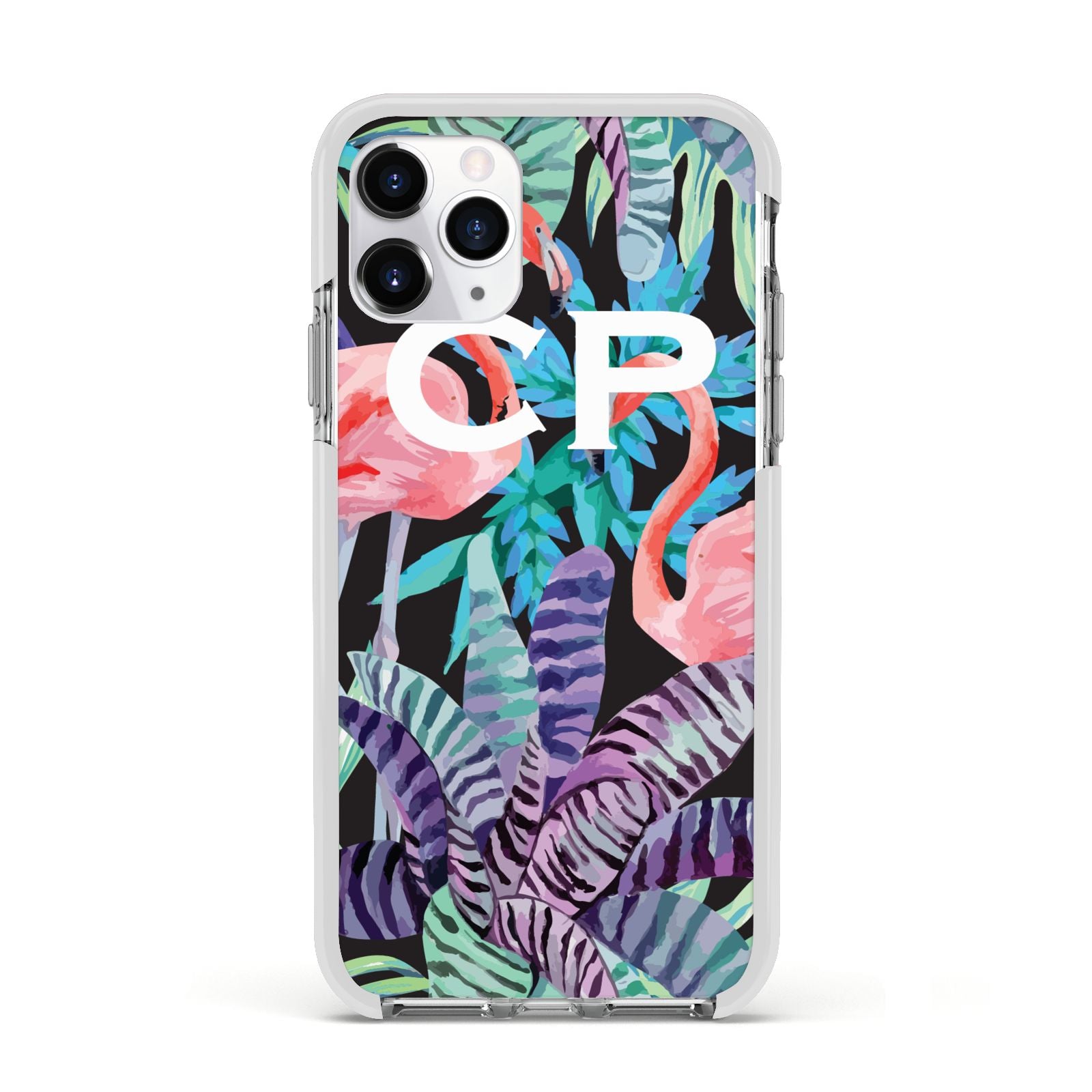 Personalised Initials Flamingos 4 Apple iPhone 11 Pro in Silver with White Impact Case