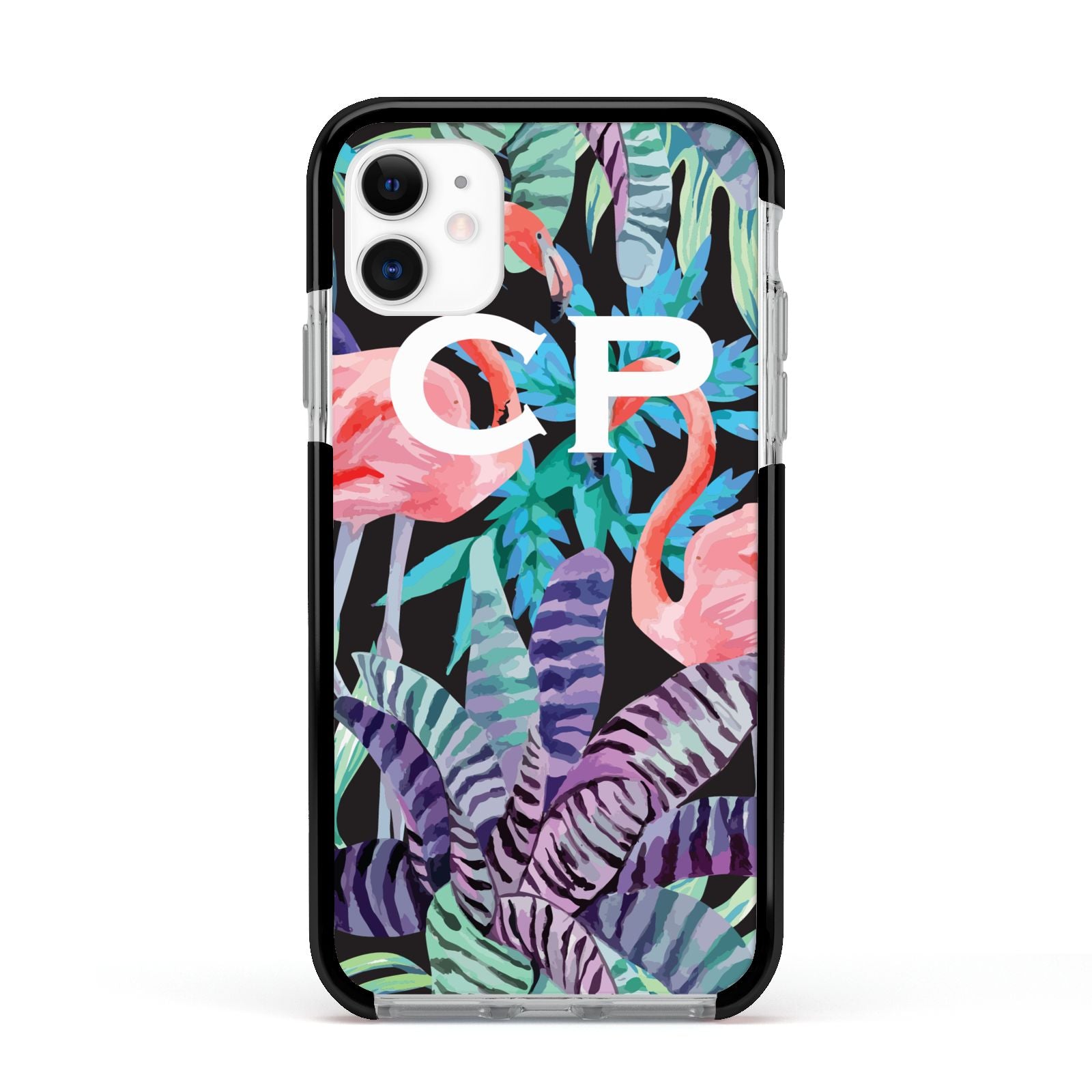 Personalised Initials Flamingos 4 Apple iPhone 11 in White with Black Impact Case