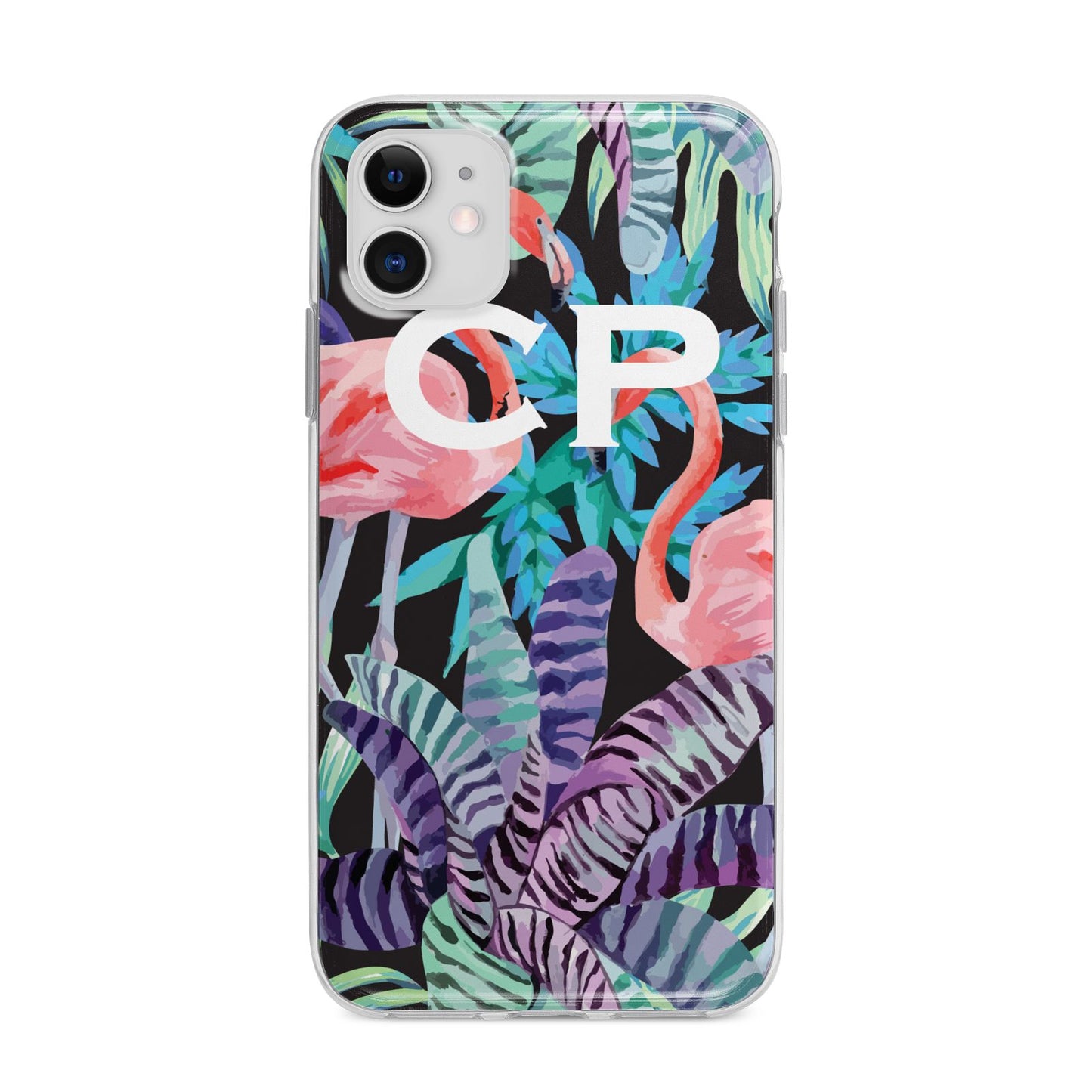 Personalised Initials Flamingos 4 Apple iPhone 11 in White with Bumper Case