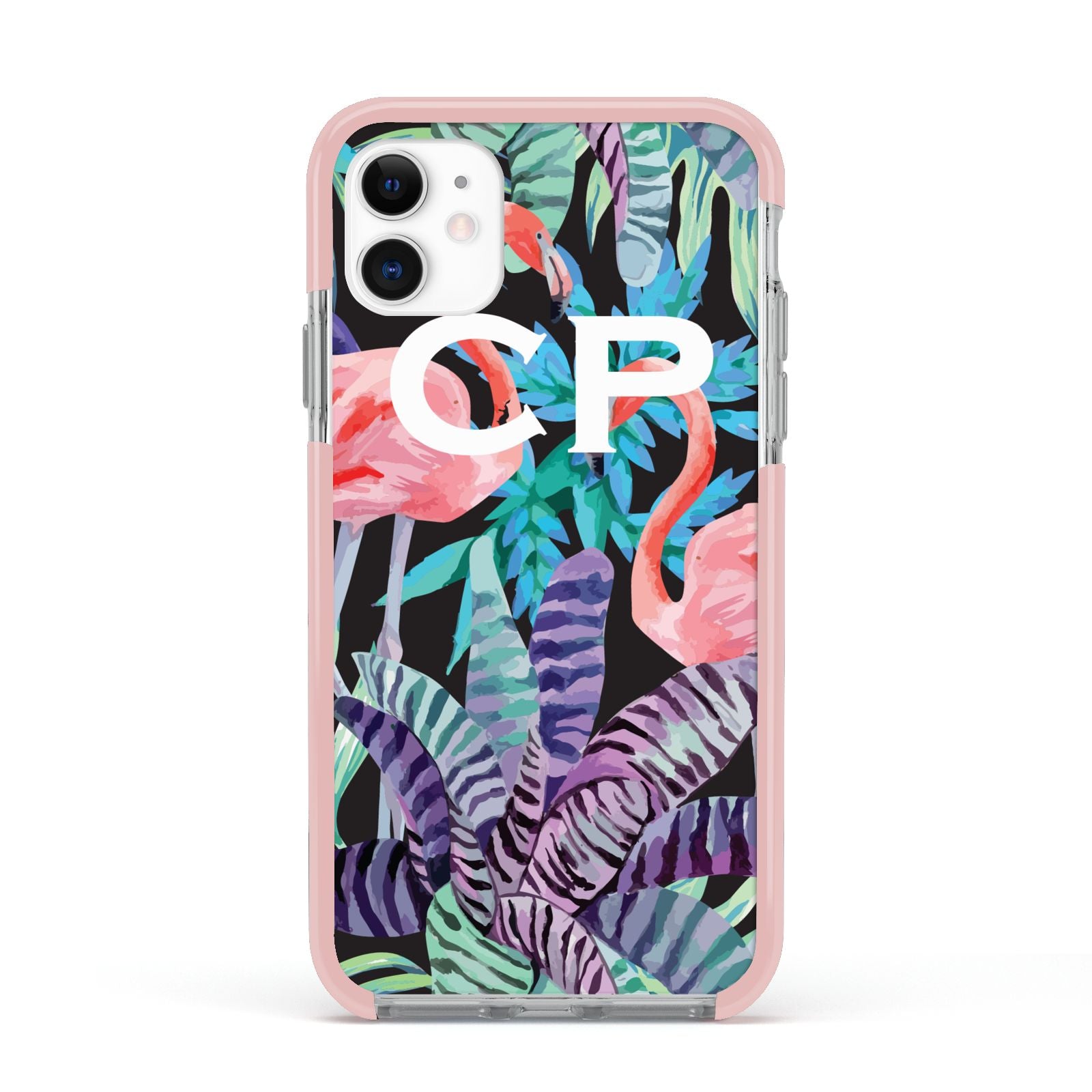 Personalised Initials Flamingos 4 Apple iPhone 11 in White with Pink Impact Case