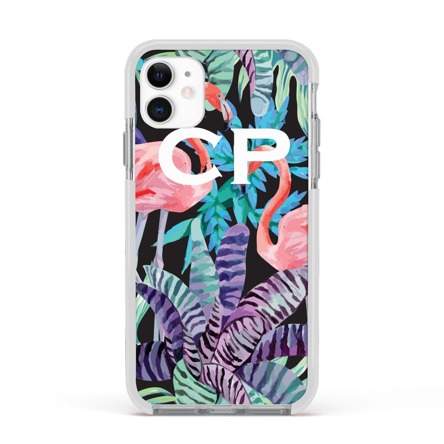 Personalised Initials Flamingos 4 Apple iPhone 11 in White with White Impact Case