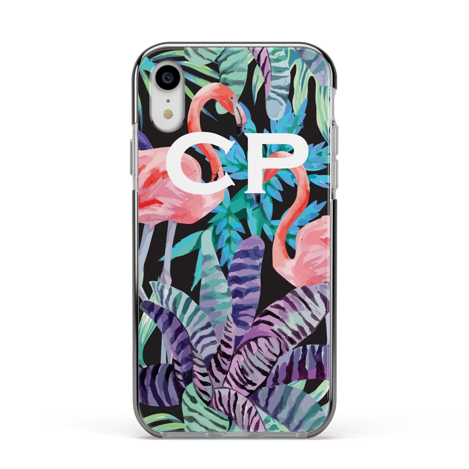 Personalised Initials Flamingos 4 Apple iPhone XR Impact Case Black Edge on Silver Phone