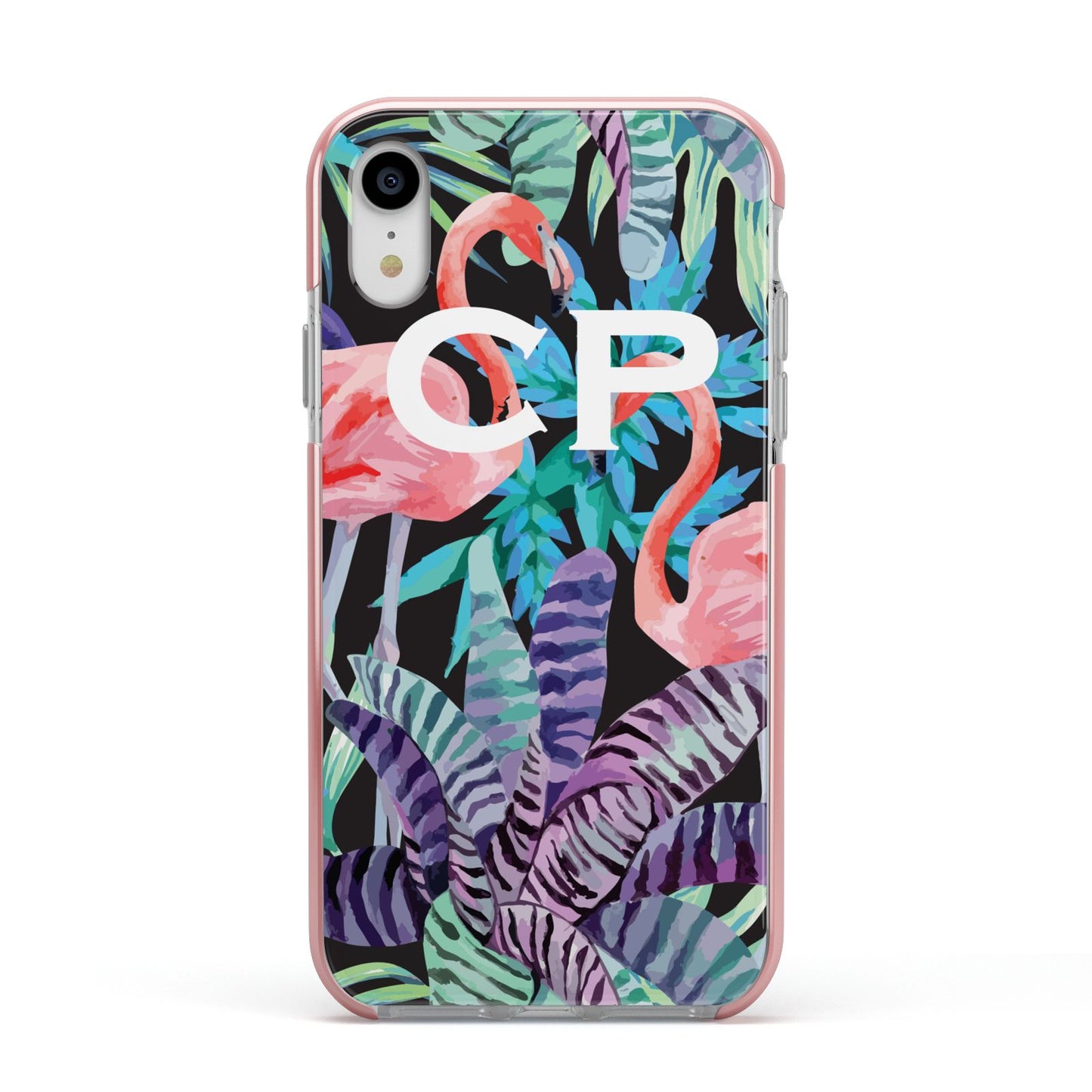 Personalised Initials Flamingos 4 Apple iPhone XR Impact Case Pink Edge on Silver Phone