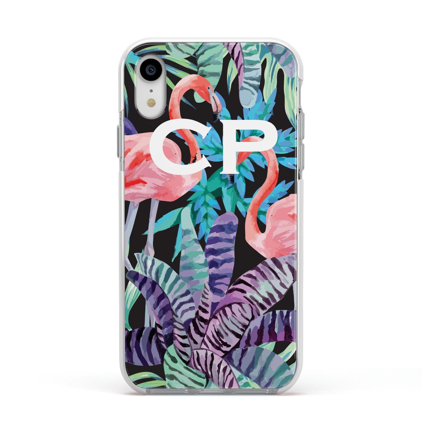 Personalised Initials Flamingos 4 Apple iPhone XR Impact Case White Edge on Silver Phone
