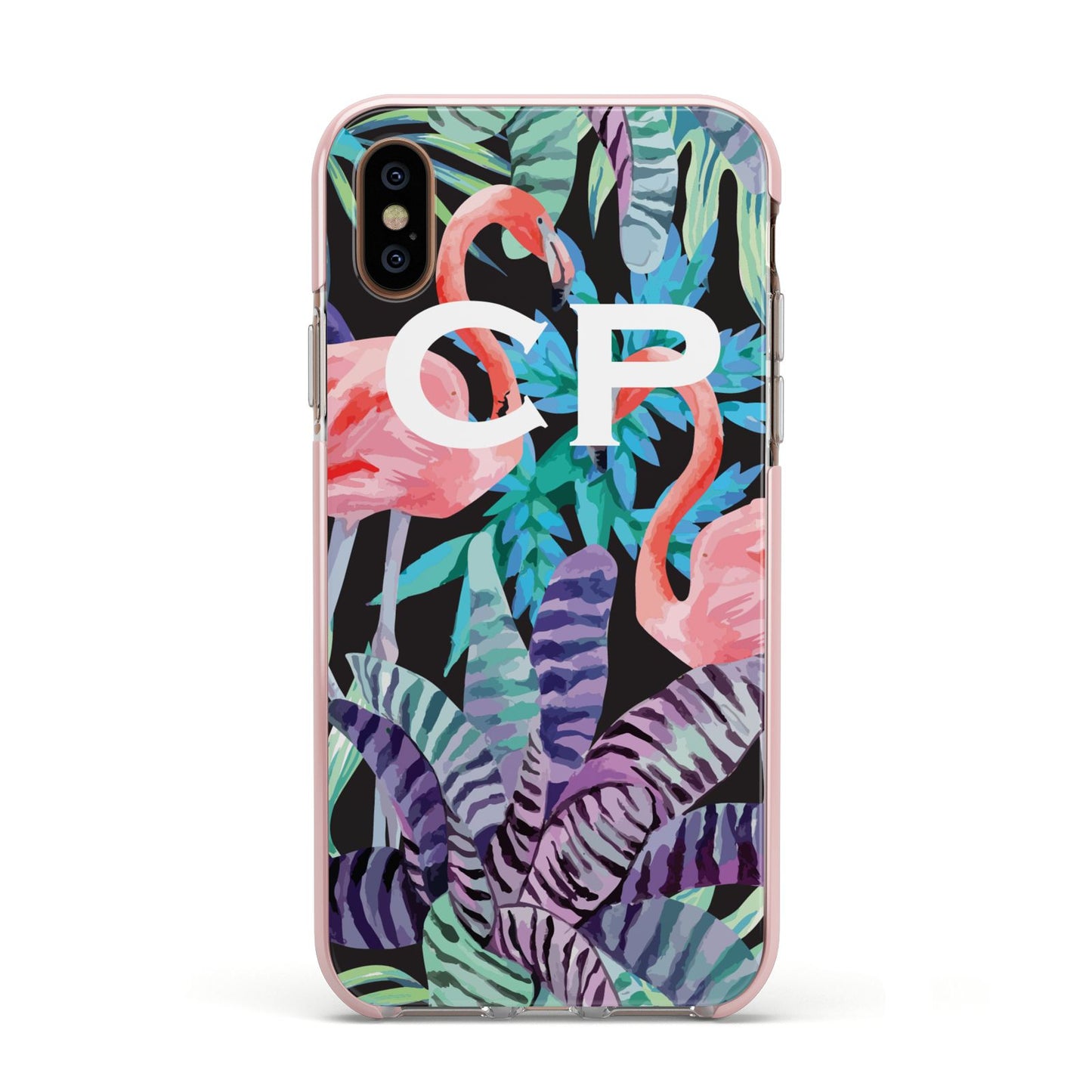 Personalised Initials Flamingos 4 Apple iPhone Xs Impact Case Pink Edge on Gold Phone