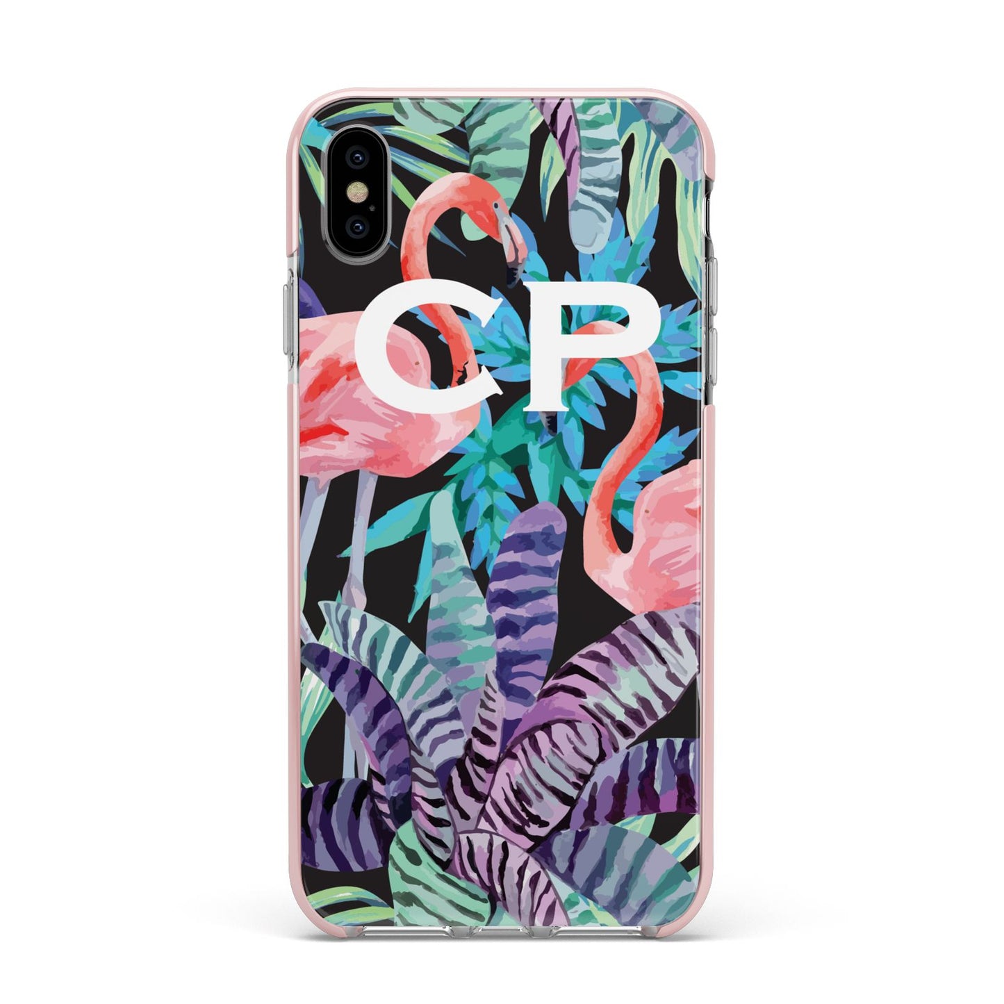 Personalised Initials Flamingos 4 Apple iPhone Xs Max Impact Case Pink Edge on Silver Phone
