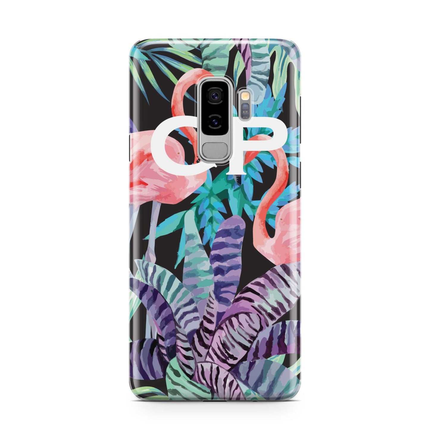 Personalised Initials Flamingos 4 Samsung Galaxy S9 Plus Case on Silver phone