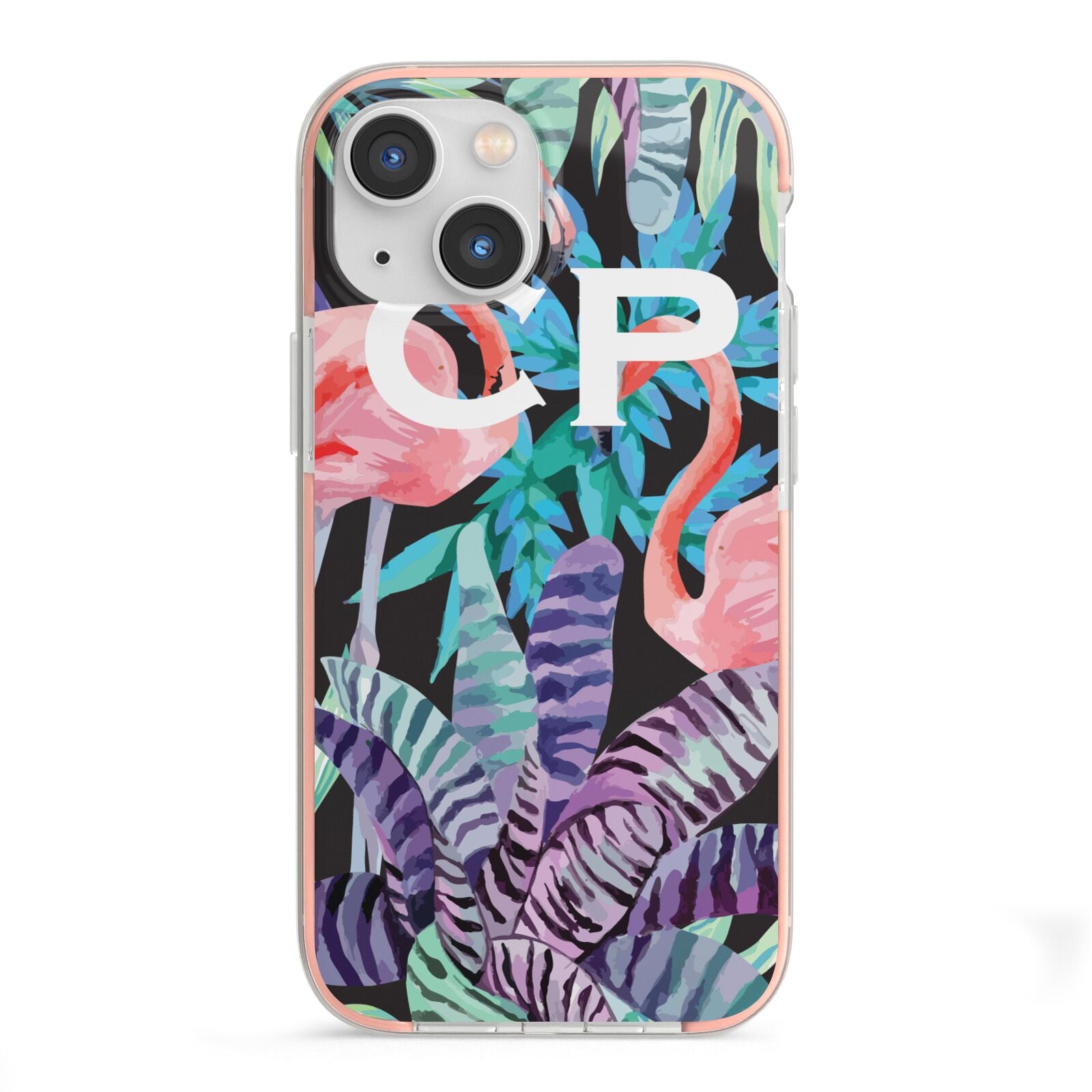 Personalised Initials Flamingos 4 iPhone 13 Mini TPU Impact Case with Pink Edges