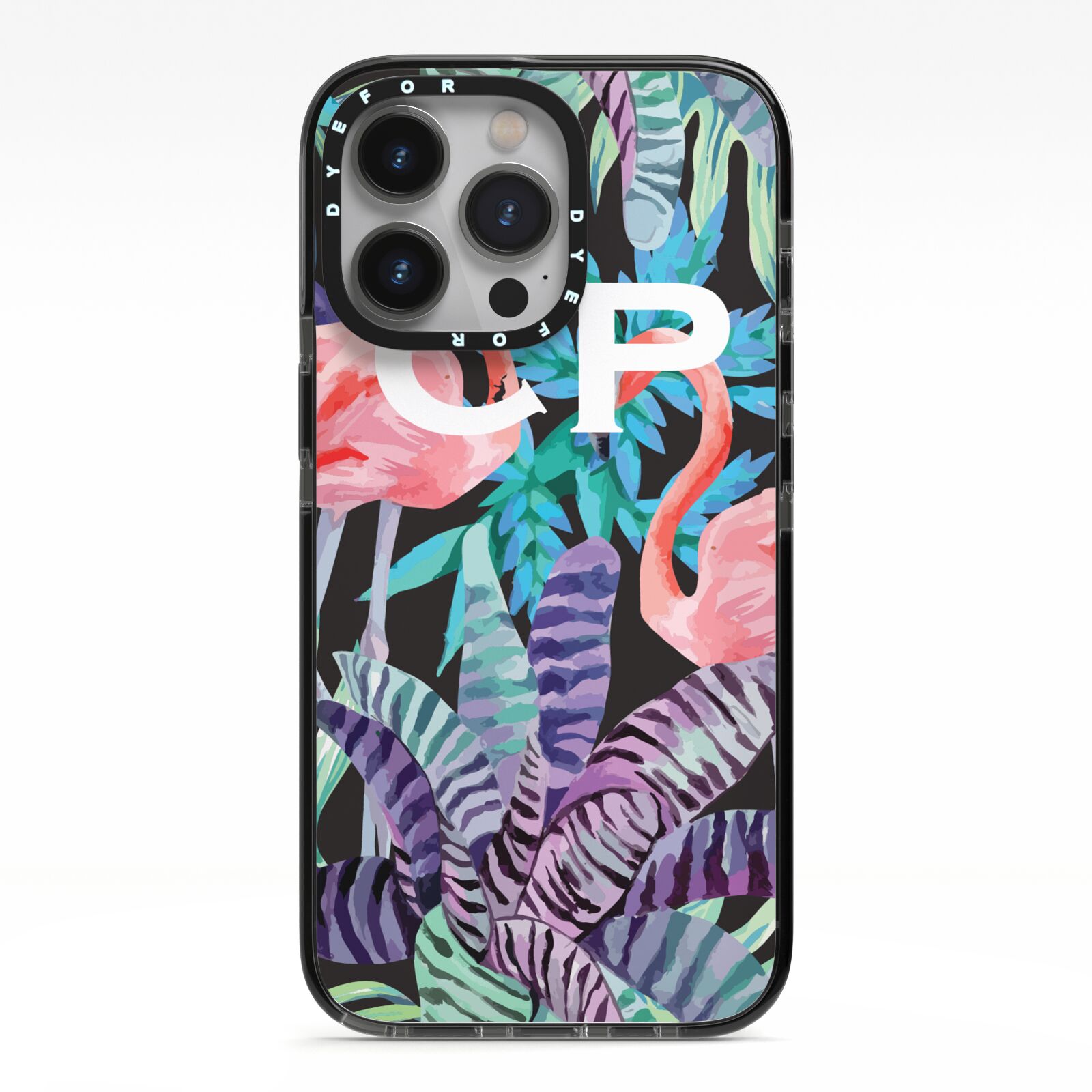 Personalised Initials Flamingos 4 iPhone 13 Pro Black Impact Case on Silver phone