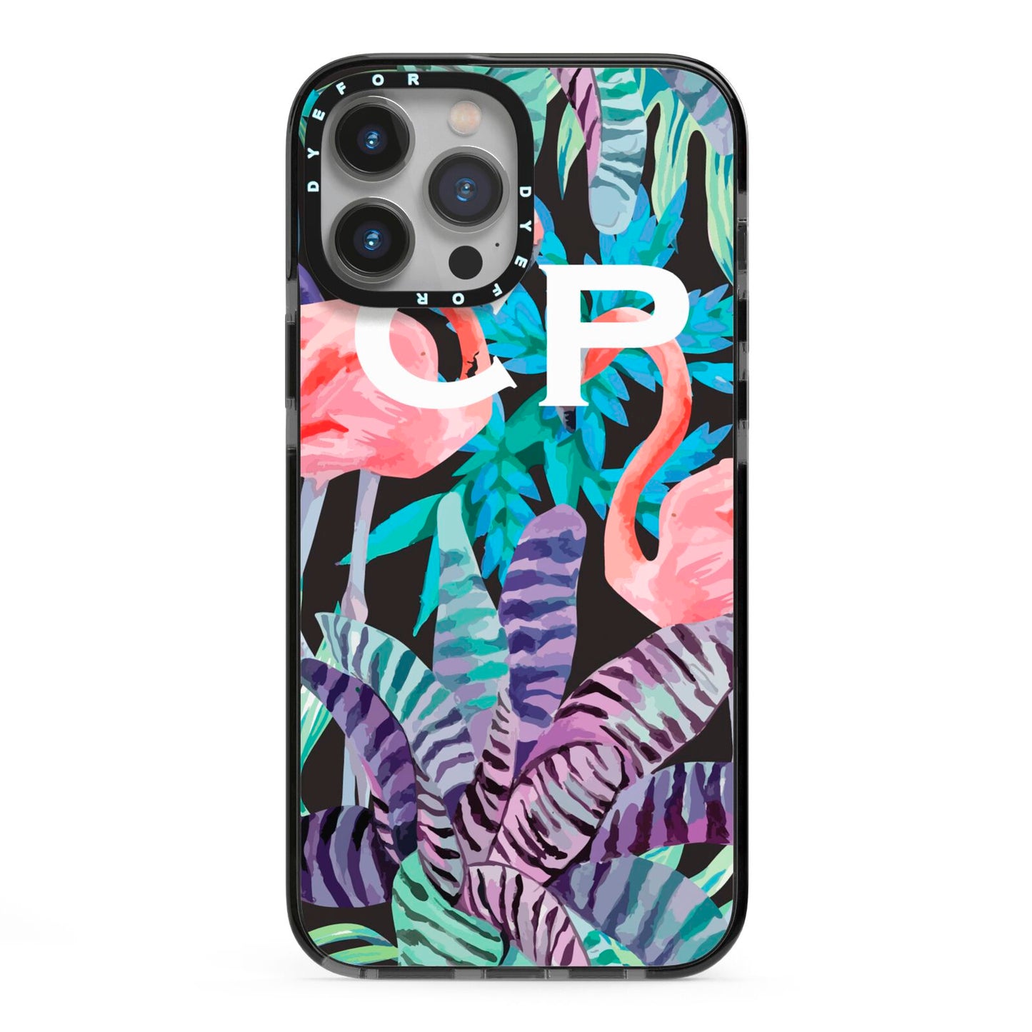 Personalised Initials Flamingos 4 iPhone 13 Pro Max Black Impact Case on Silver phone