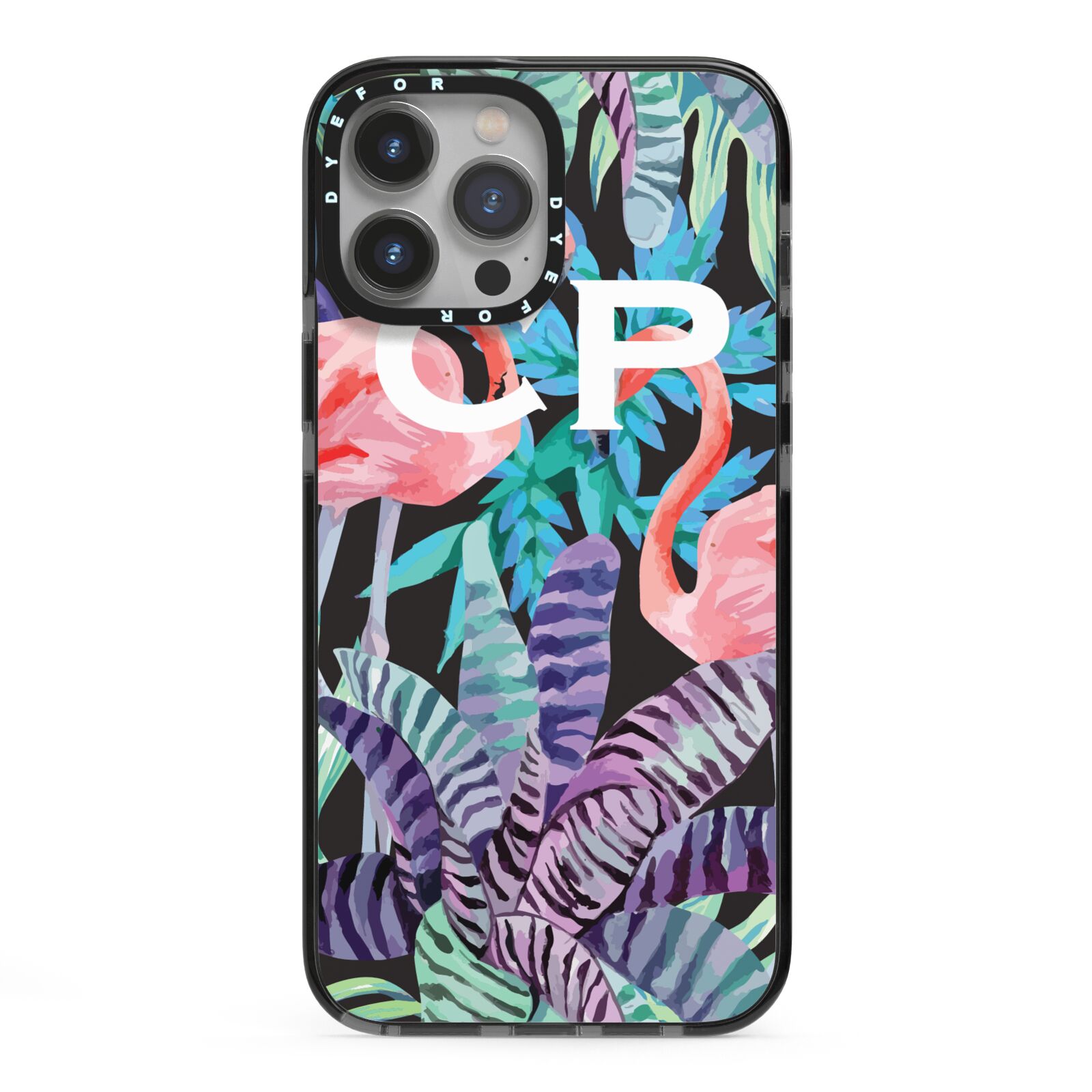 Personalised Initials Flamingos 4 iPhone 13 Pro Max Black Impact Case on Silver phone