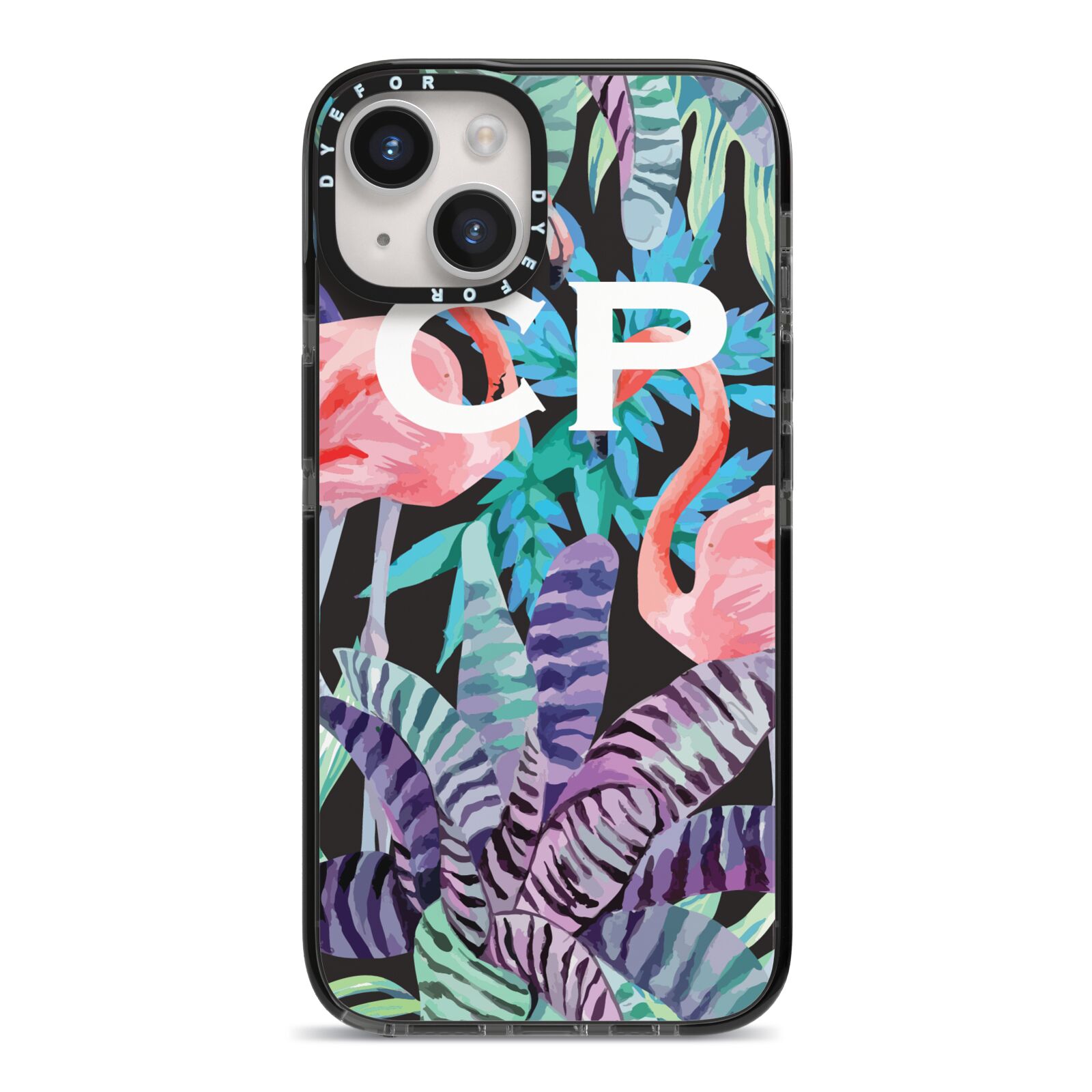 Personalised Initials Flamingos 4 iPhone 14 Black Impact Case on Silver phone