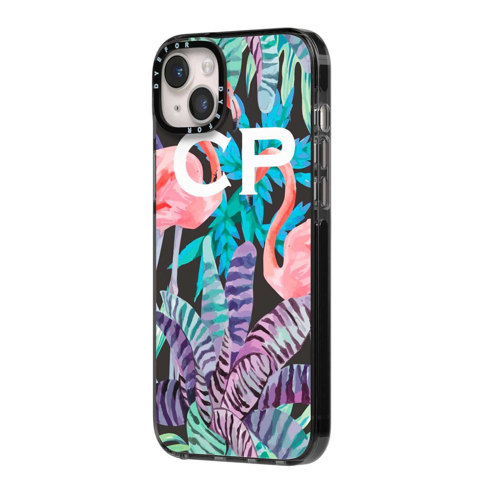 Personalised Initials Flamingos 4 iPhone 14 Plus Black Impact Case Side Angle on Silver phone