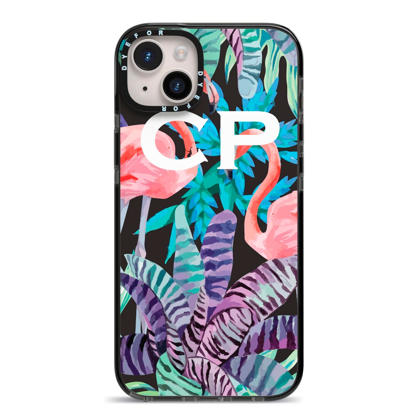 Personalised Initials Flamingos 4 iPhone 14 Plus Black Impact Case on Silver phone