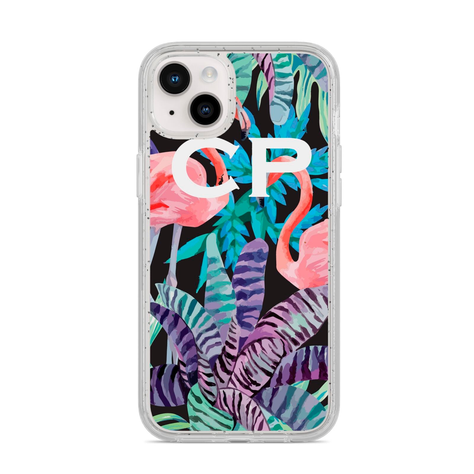 Personalised Initials Flamingos 4 iPhone 14 Plus Glitter Tough Case Starlight
