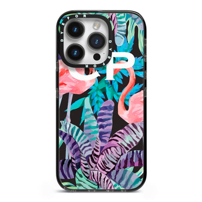 Personalised Initials Flamingos 4 iPhone 14 Pro Black Impact Case on Silver phone