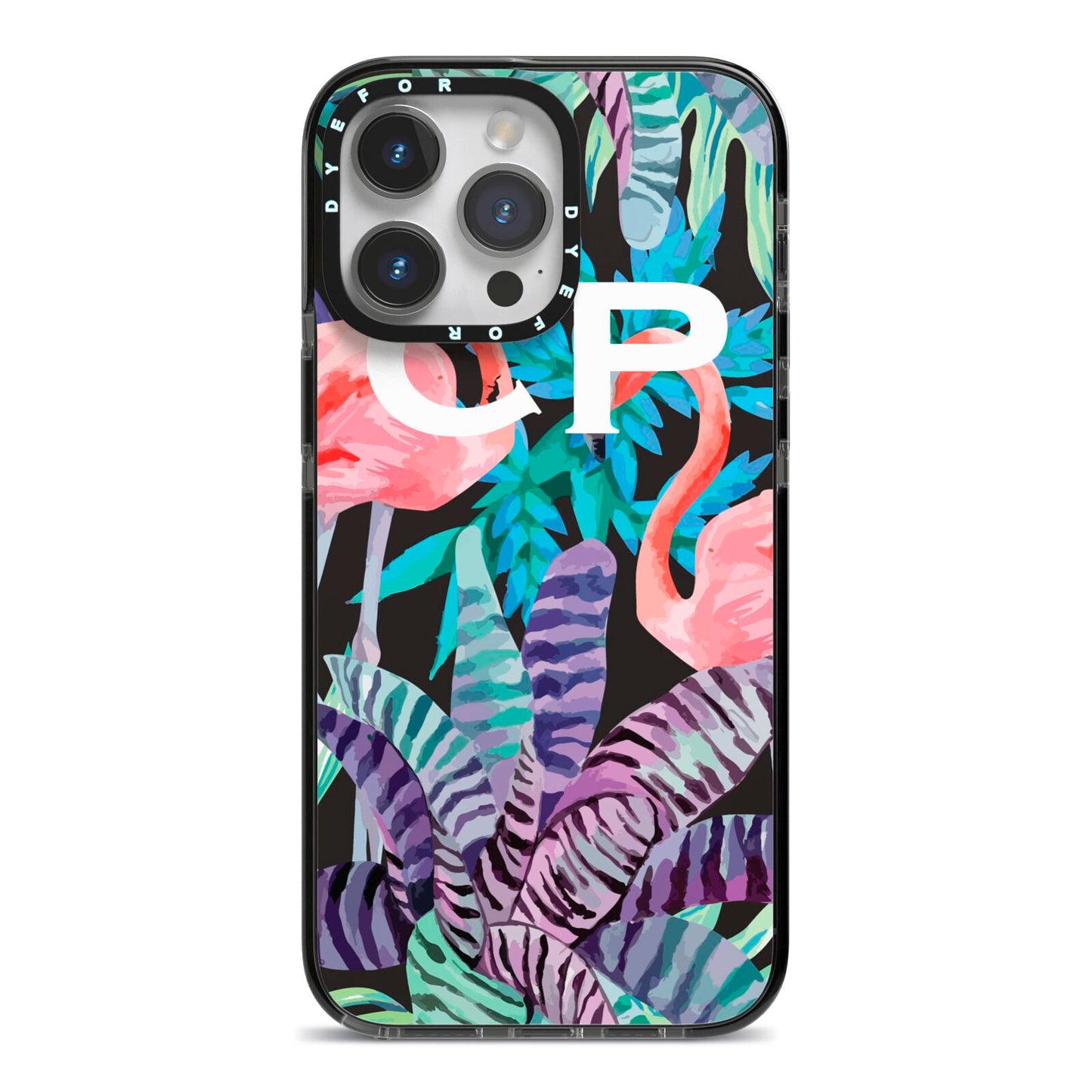 Personalised Initials Flamingos 4 iPhone 14 Pro Max Black Impact Case on Silver phone