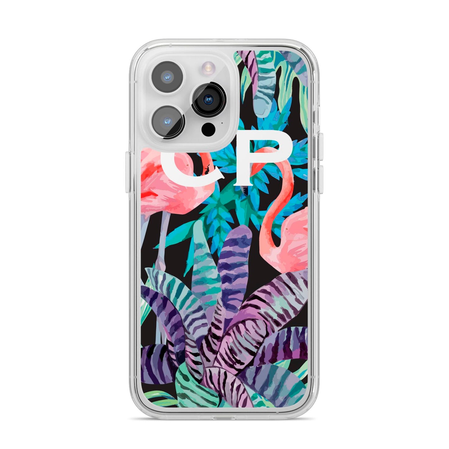 Personalised Initials Flamingos 4 iPhone 14 Pro Max Clear Tough Case Silver