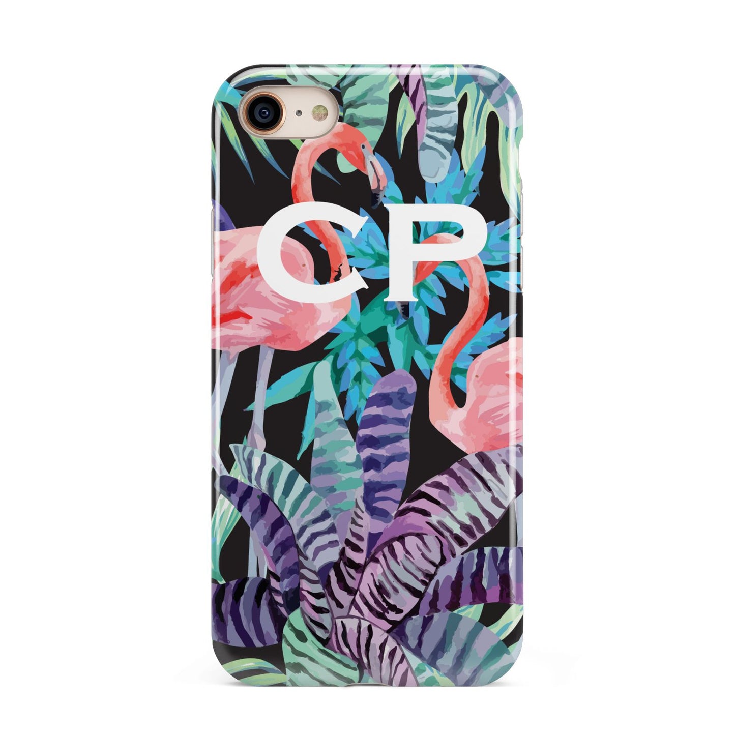 Personalised Initials Flamingos 4 iPhone 8 3D Tough Case on Gold Phone
