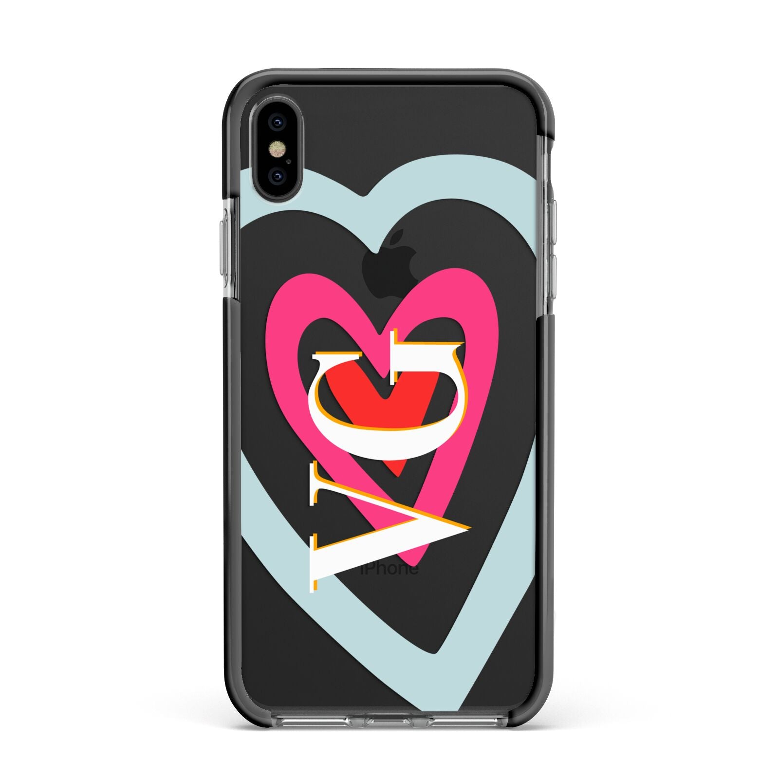 Personalised Initials Heart Apple iPhone Xs Max Impact Case Black Edge on Black Phone