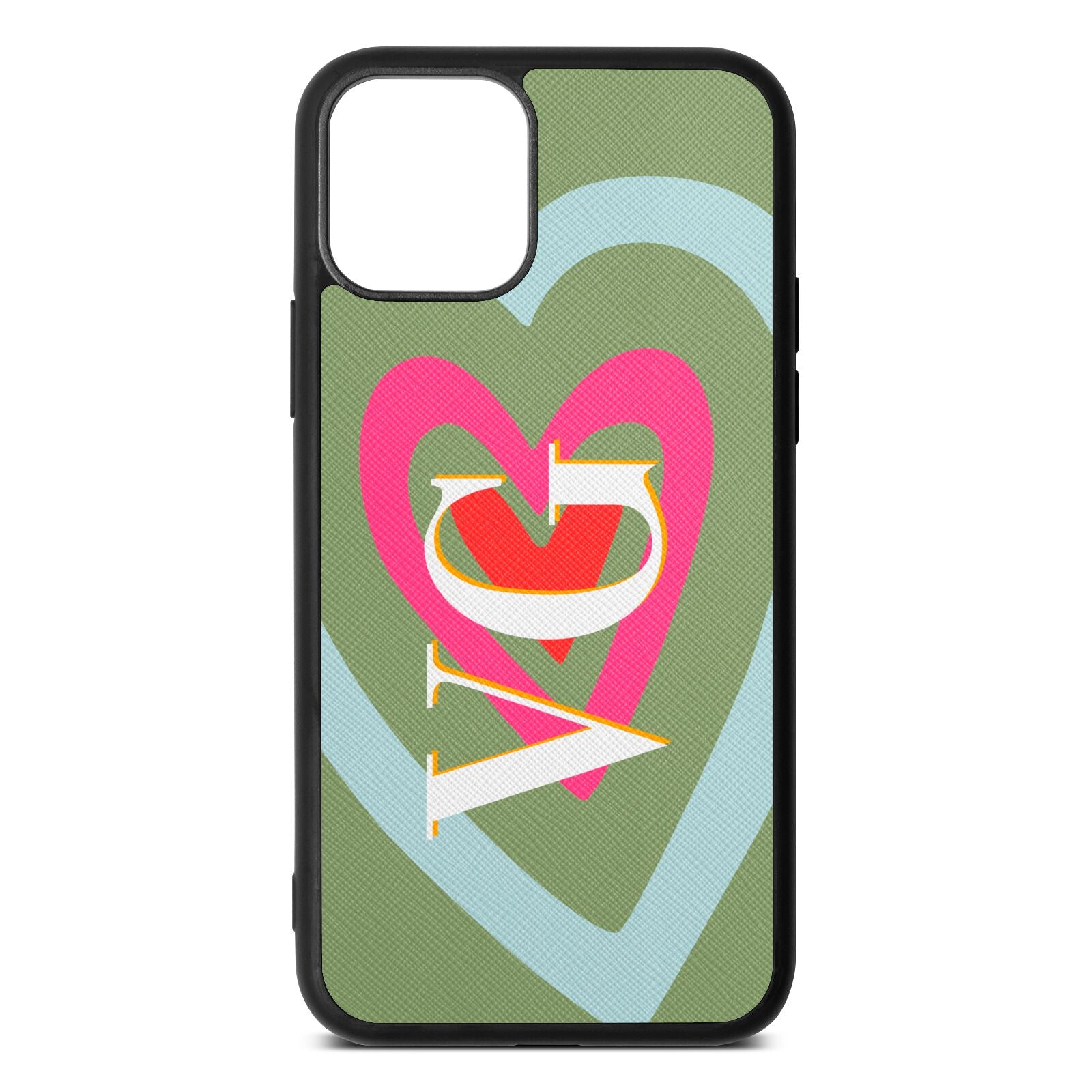 Personalised Initials Heart Lime Saffiano Leather iPhone 11 Pro Case