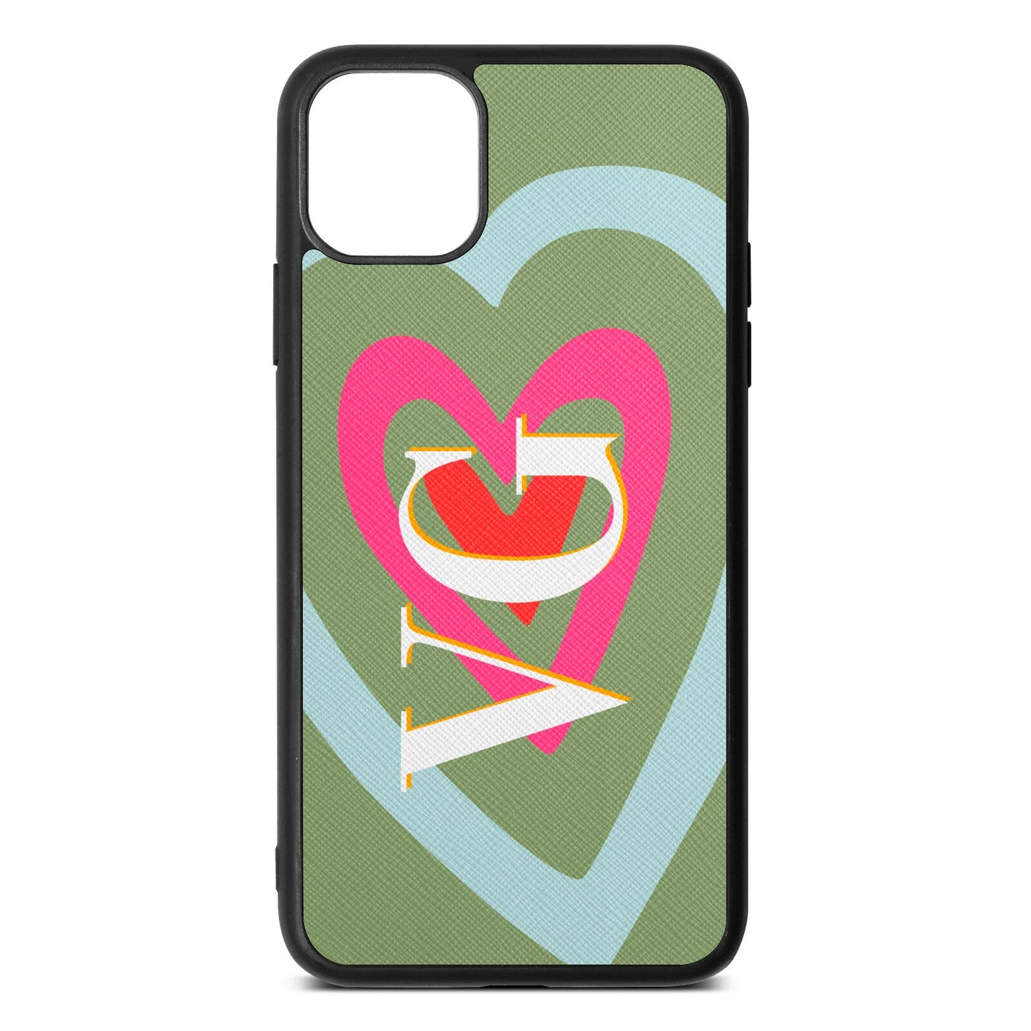 Personalised Initials Heart Lime Saffiano Leather iPhone 11 Pro Max Case