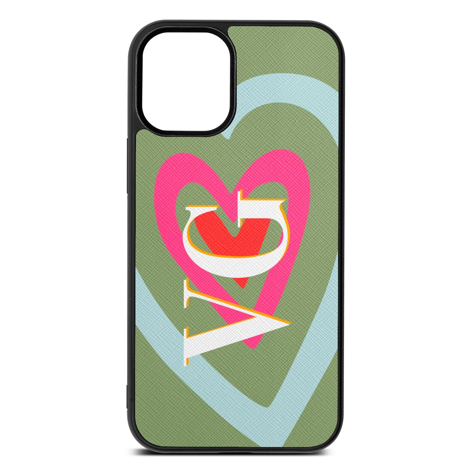 Personalised Initials Heart Lime Saffiano Leather iPhone 12 Mini Case