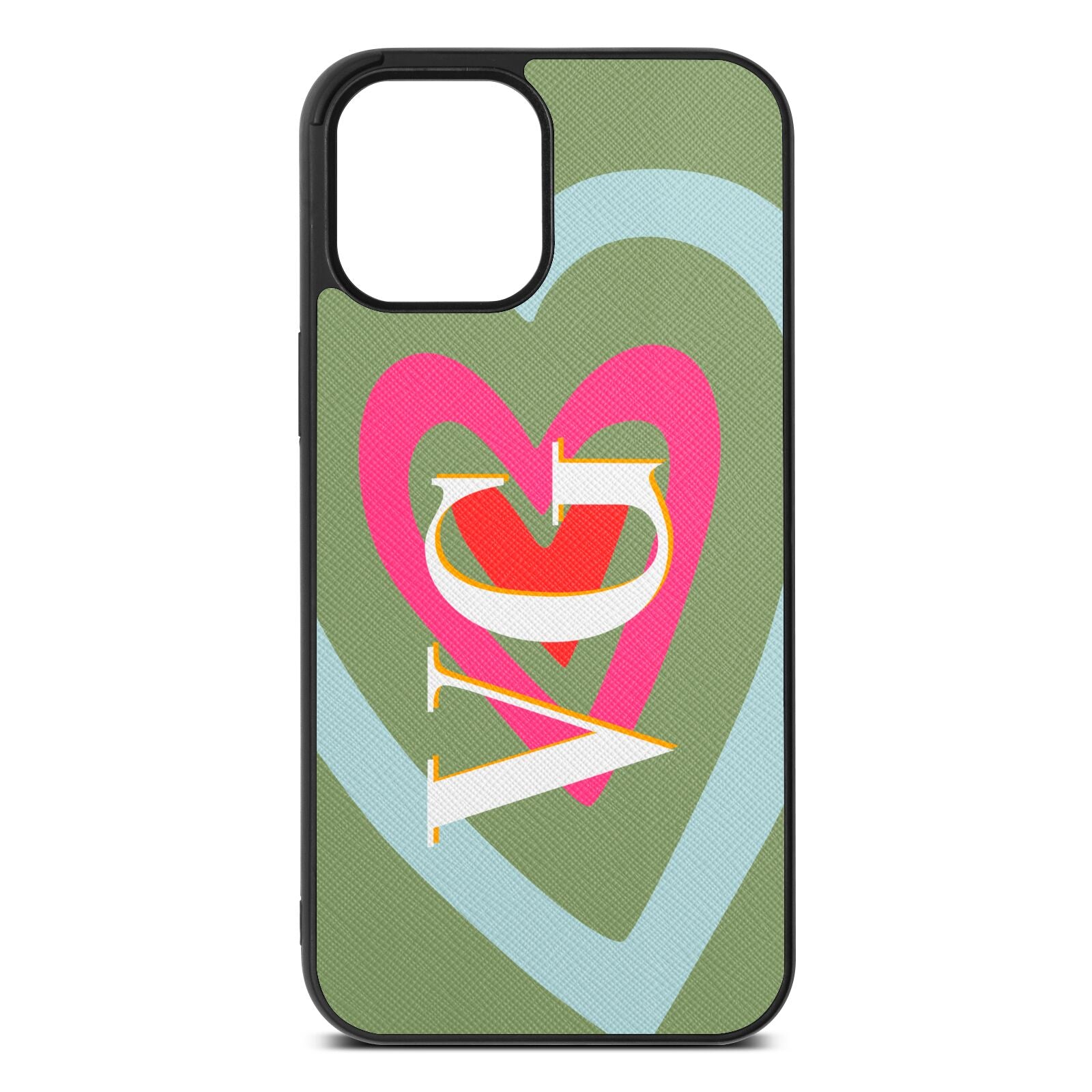 Personalised Initials Heart Lime Saffiano Leather iPhone 12 Pro Max Case
