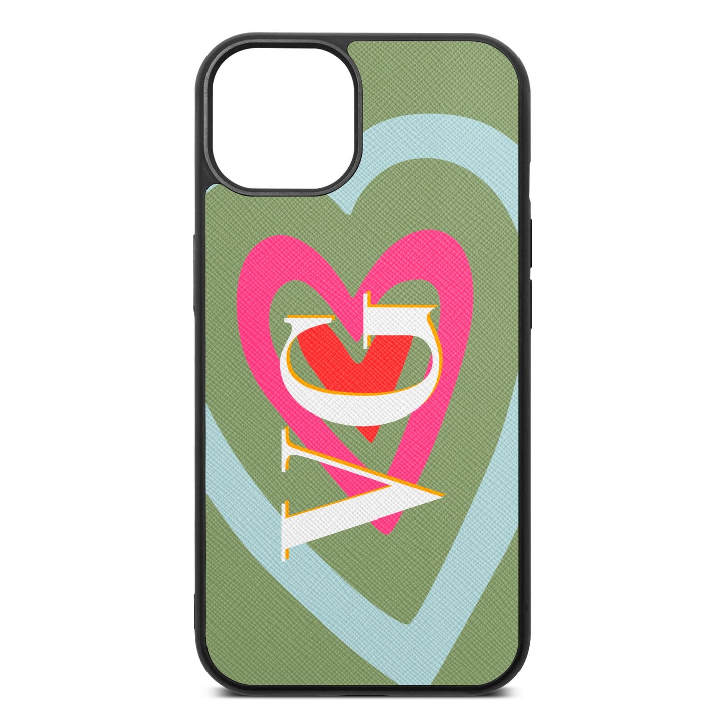 Personalised Initials Heart Lime Saffiano Leather iPhone 13 Case