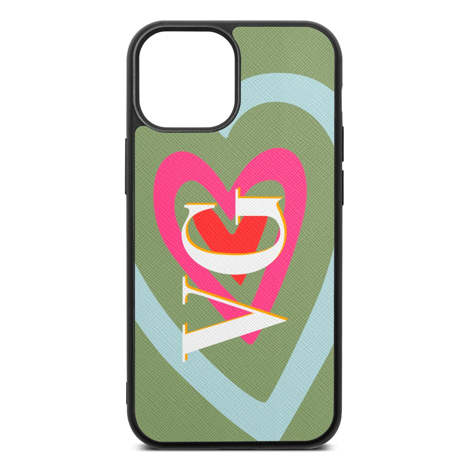 Personalised Initials Heart Lime Saffiano Leather iPhone 13 Mini Case