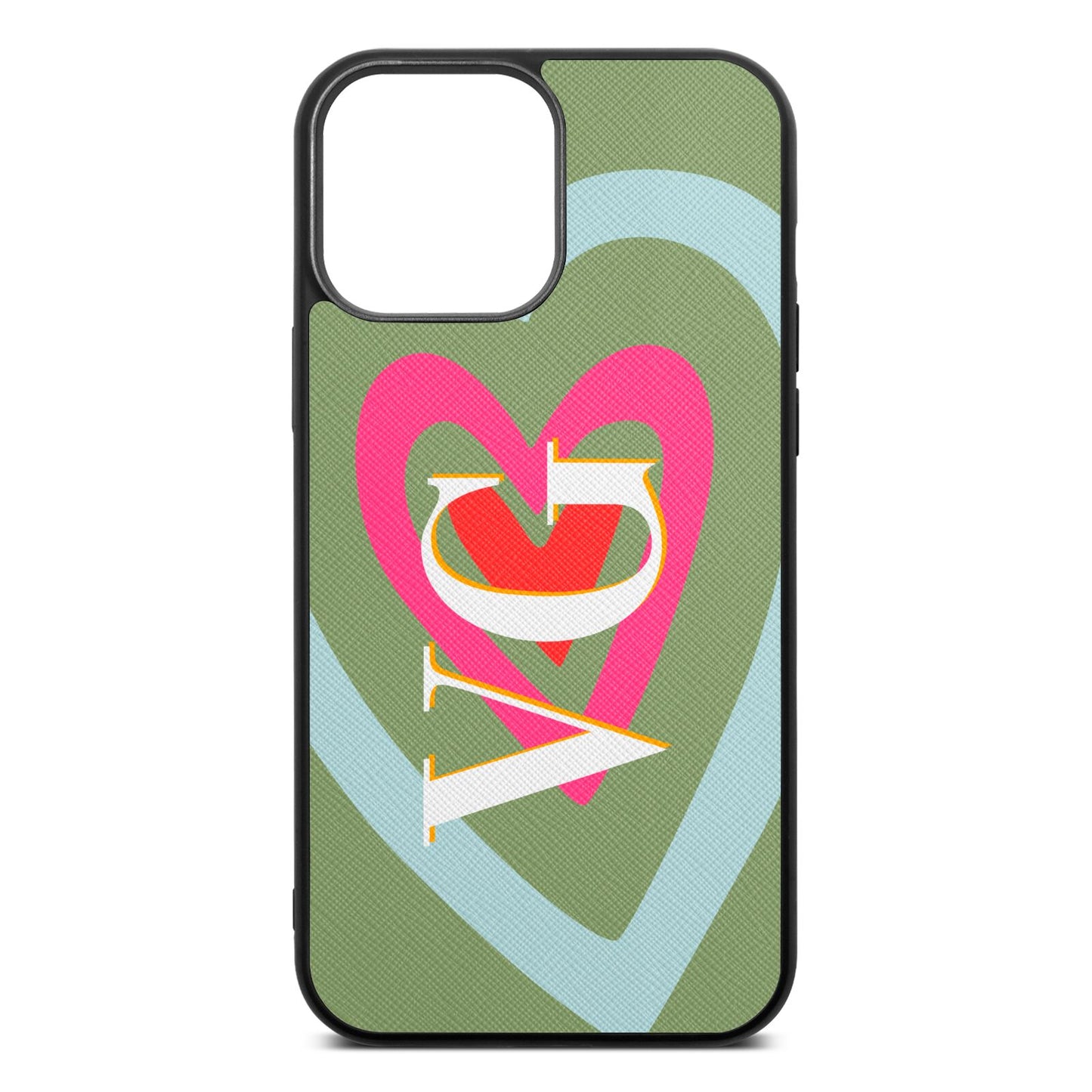 Personalised Initials Heart Lime Saffiano Leather iPhone 13 Pro Max Case
